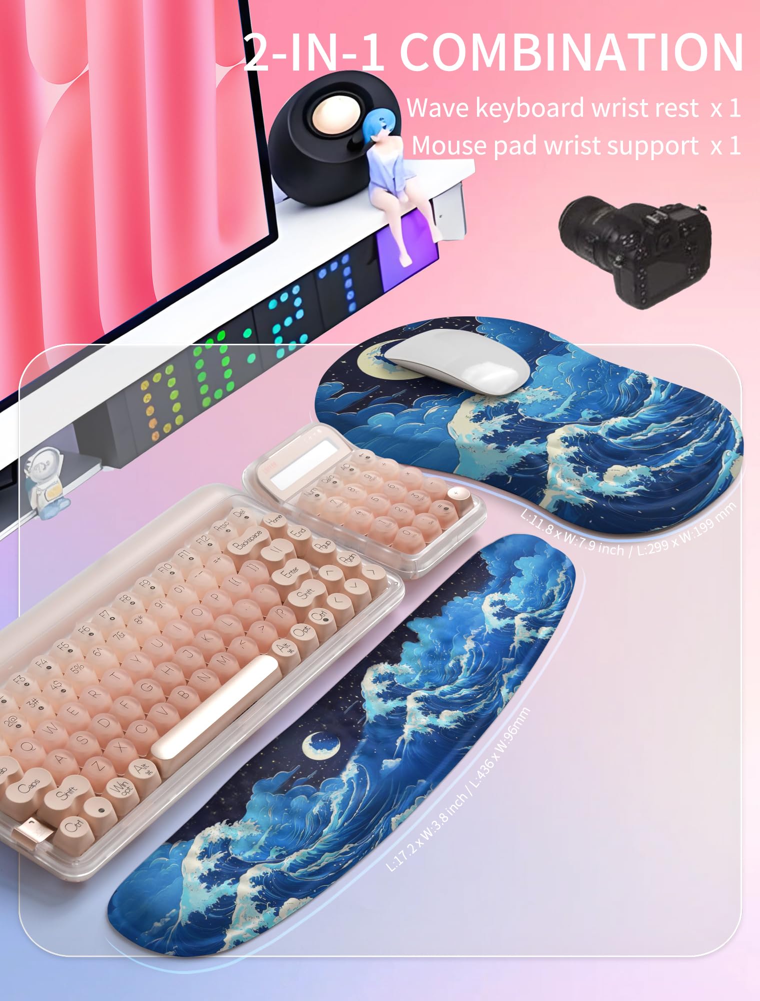 Hokafenle 2in1 Combination, Wave Keyboard Wrist Rest and Ergonomic Curvature Mouse Pad Wrist