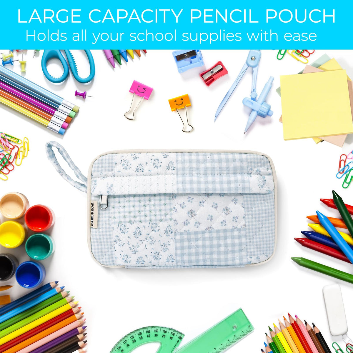 WOBAGMEN Quilted Pencil Pouch for Girls Women, Large Pencil Case Pouch with Compartments Cute