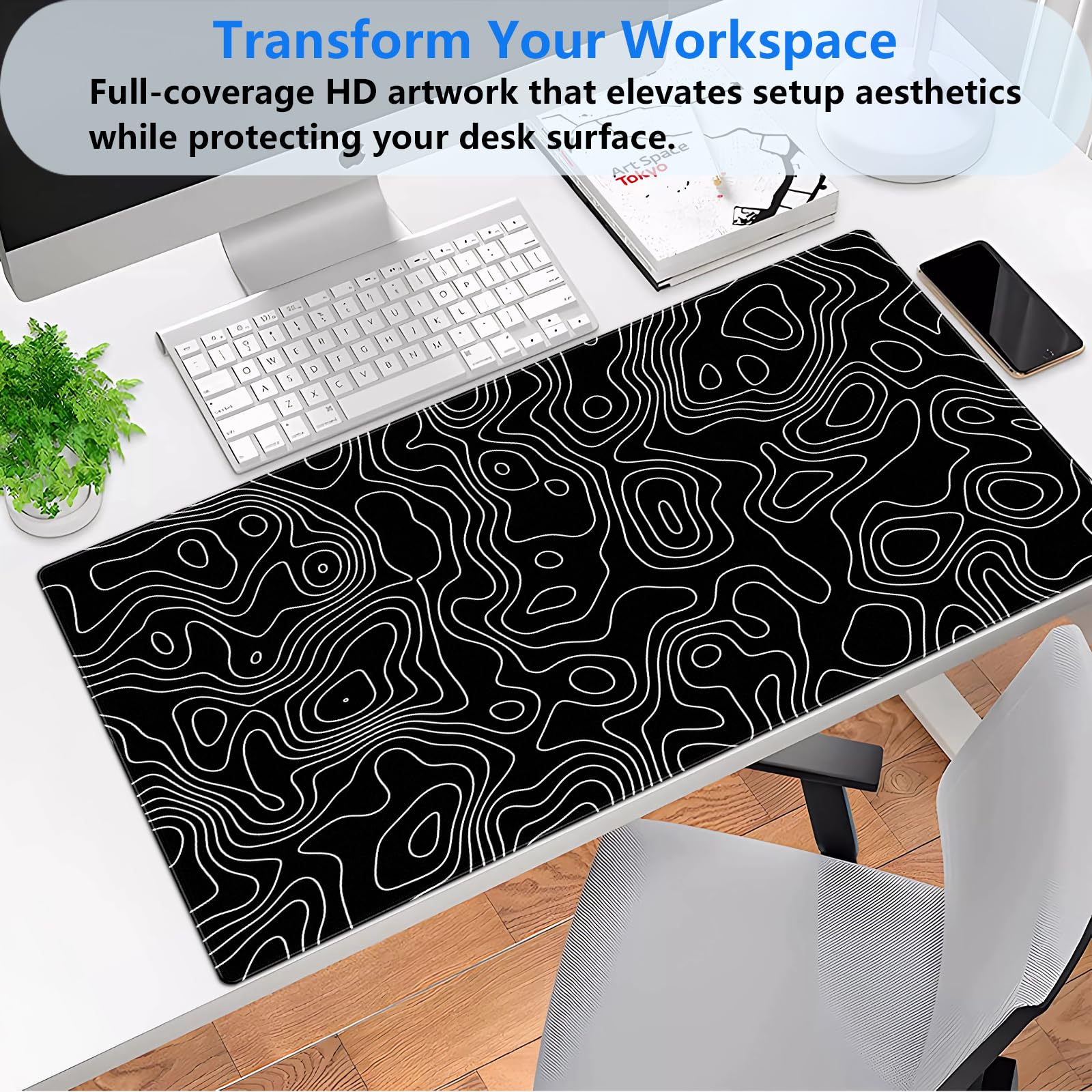 Black and White Topographic Desk Mat, Large Gaming Mouse Pad 31.5x15.7