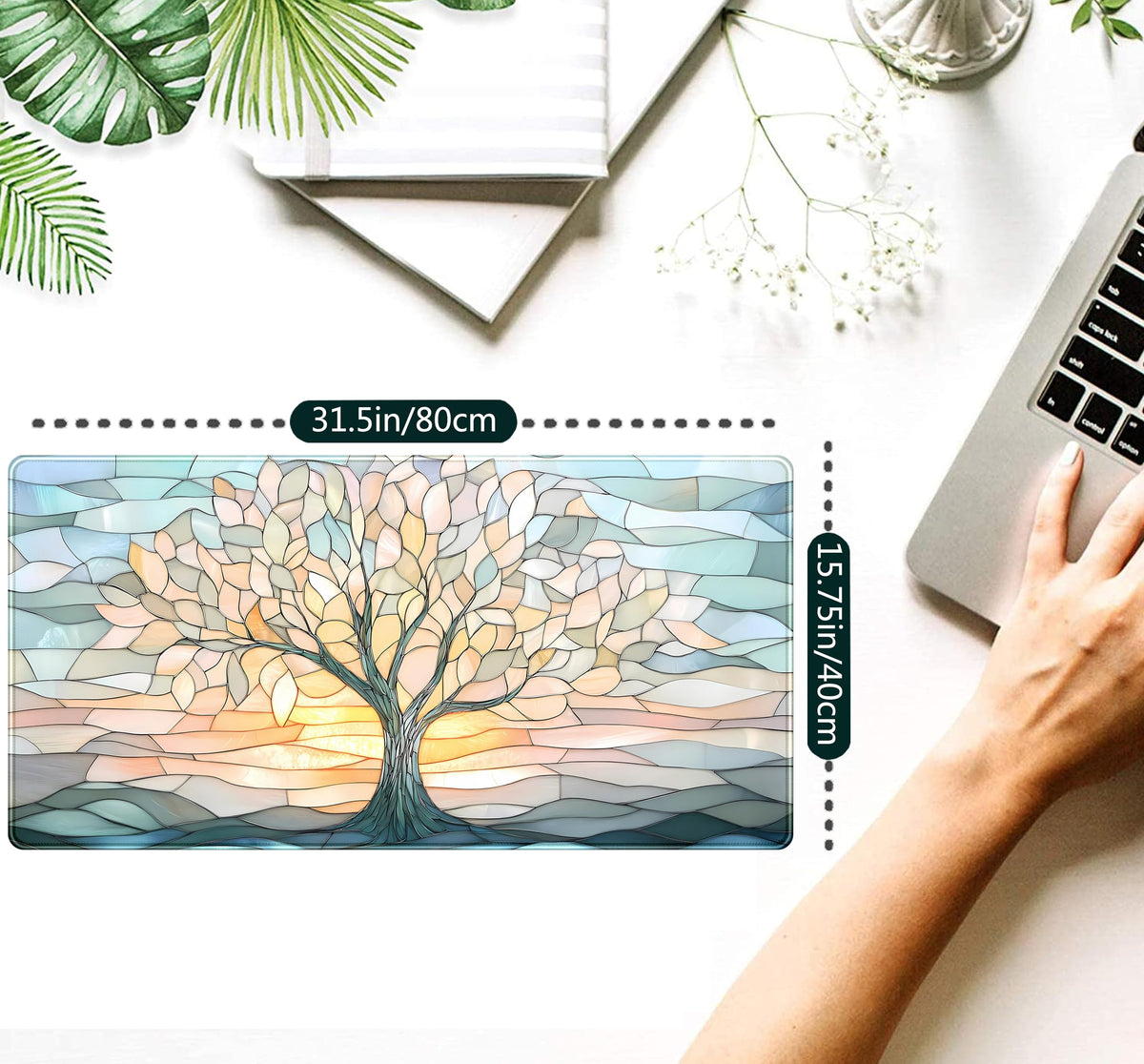 Desk Mat Cute Tree of Life Mouse Pad Gaming XXL Large Extended Desk Matt for Desktop, Faux Stained