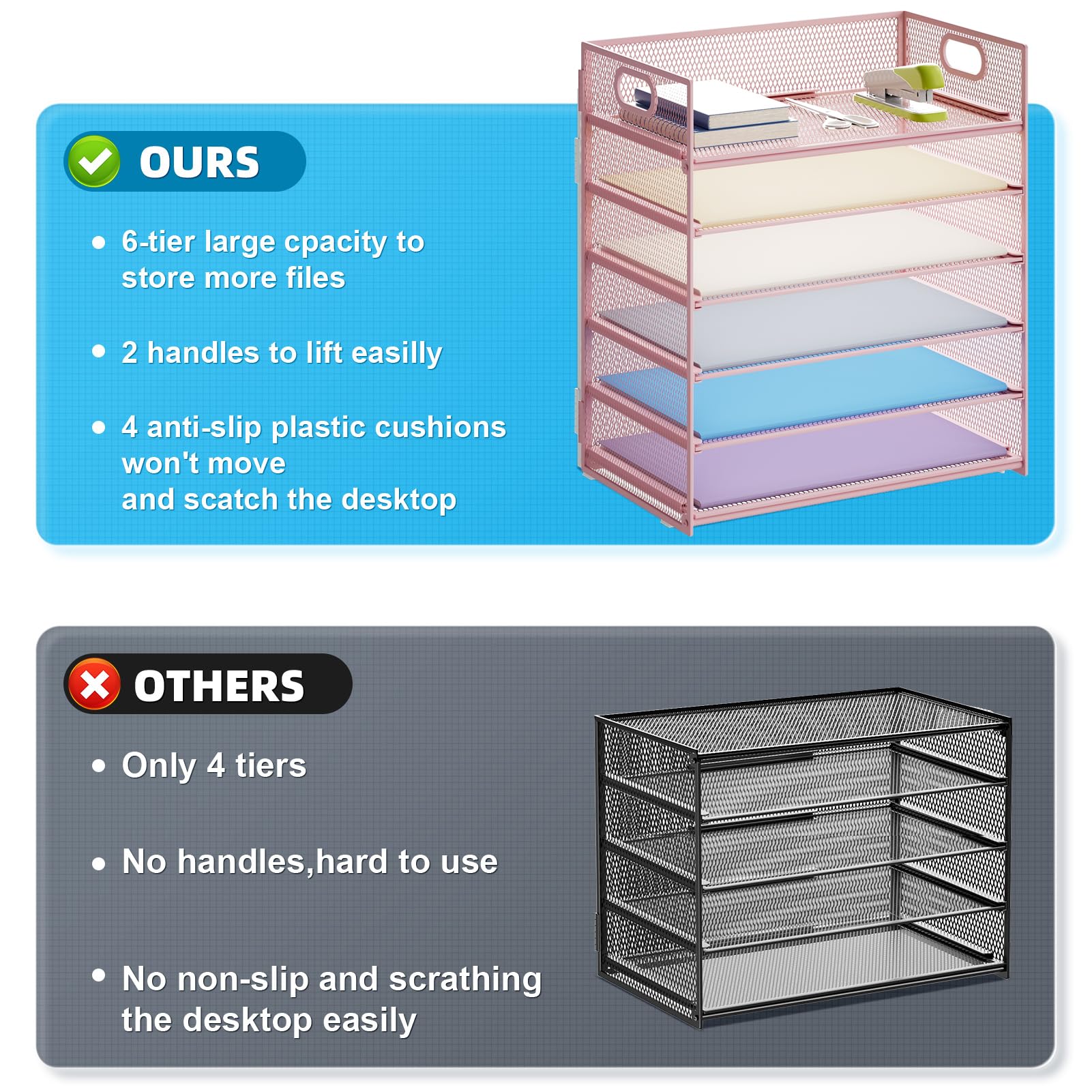 Marbrasse 6 Tier Paper Organizer Letter Tray - Mesh Desk File Organizer with Handle, Paper Sorter