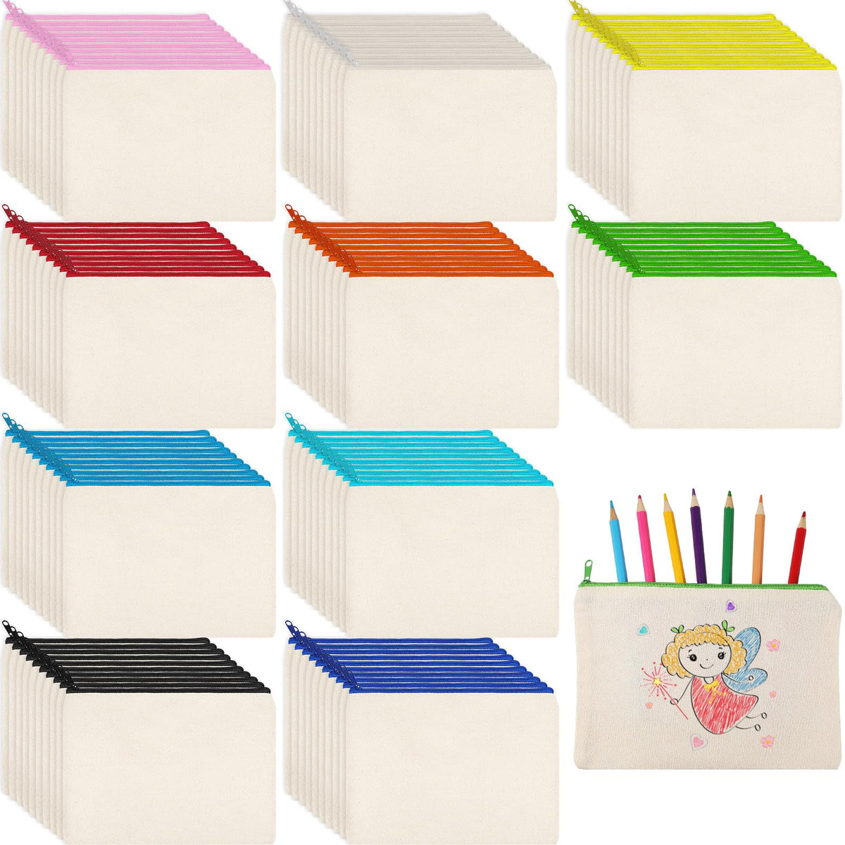 Shappy 100 Pcs Canvas Zipper Pouch Bags Pencil Pouch Bulk Canvas Makeup Bags Blank Pencil Case