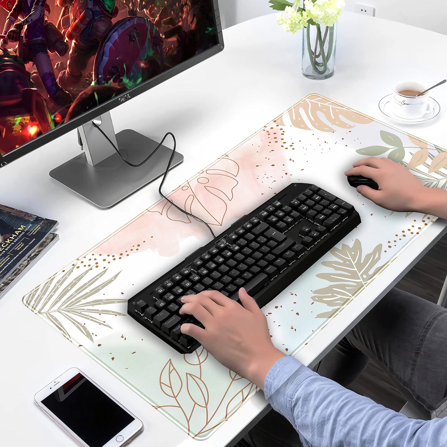 Keyboard mat Boho Pastel Painting Mousepad Matcha Green Plant Abstract Accessories Desk pad Mouse