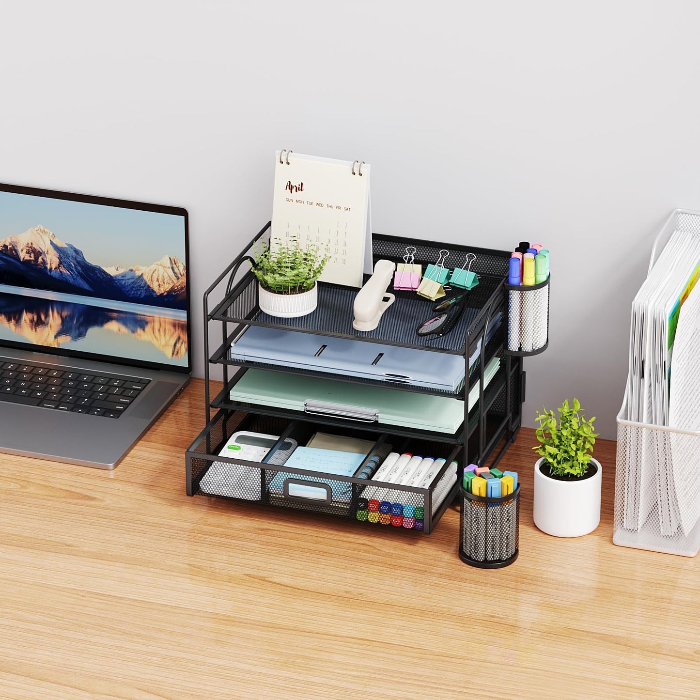 Marbrasse Desk Organizer, 4-Tier Paper File Letter Tray, Black