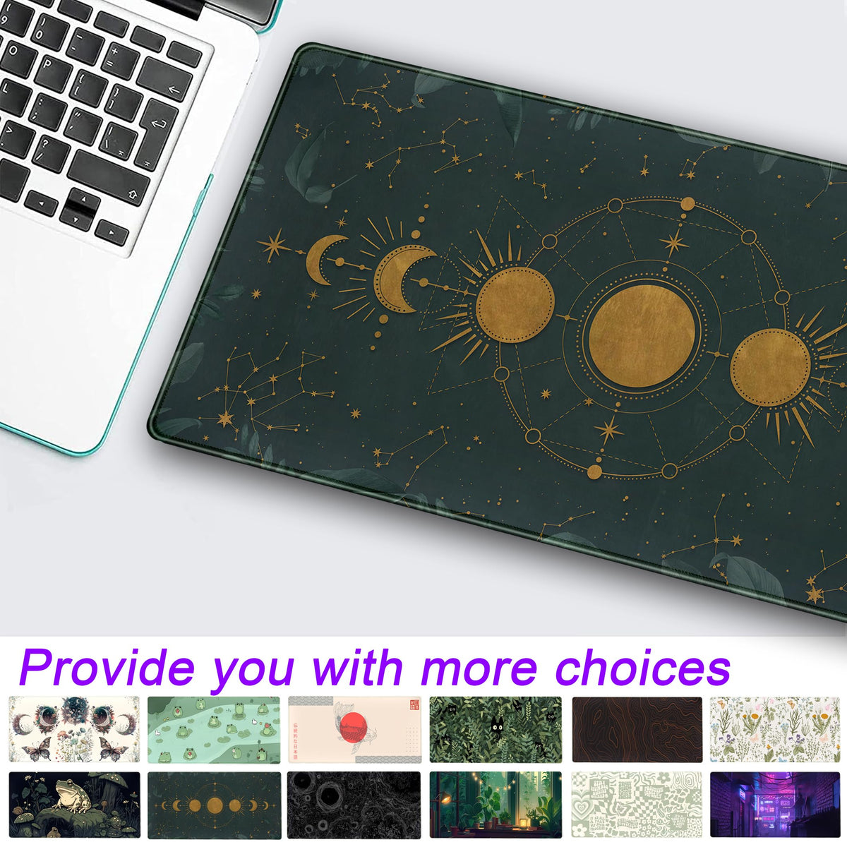 Dark Academia Mousepad Forest Green XXL Desk Mat Gold Moon Phases Large Extended Mouse Pad Gaming