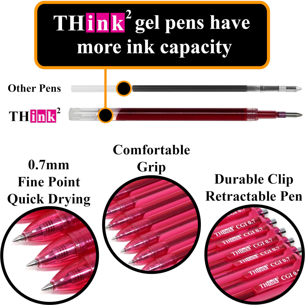[24 Pens - Pink Ink] Think2 0.7mm CGI Retractable Gel Pens. (24 Pink) Medium Point Rollerball Pens
