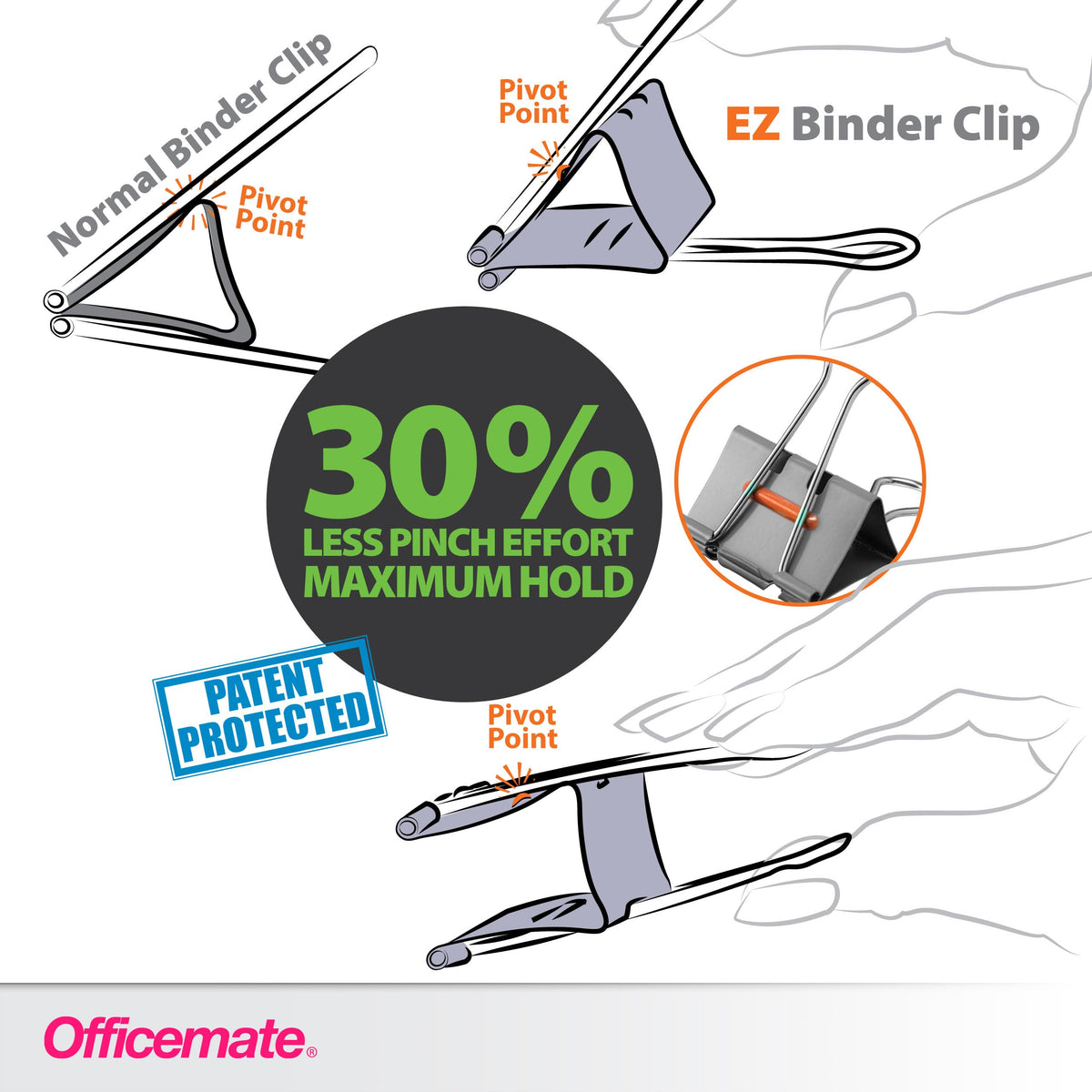 Officemate EZ Large Size Binder Clips 12-Count - Gray, Paper Clamps for Document Organization