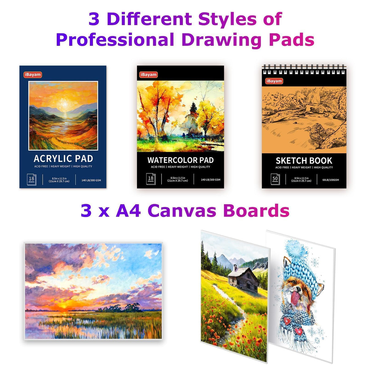 iBayam Art Supplies, 195-Pack Deluxe Drawing Painting Kit, 3 Sketchbook Set