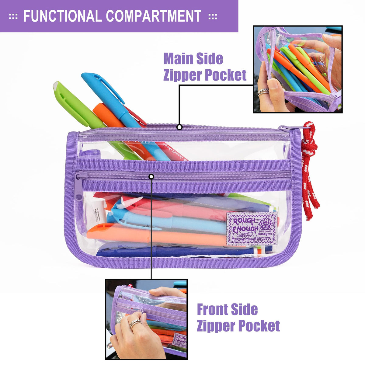 Rough Enough Clear Pencil Case for School, 60+ Pencils Capacity, Purple