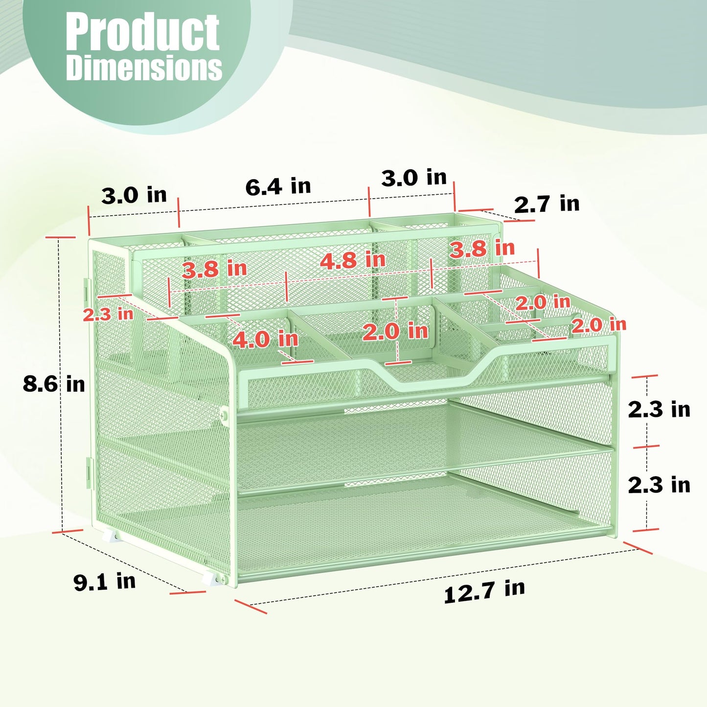 Docnest 3 Tier Mesh Desk Organizer with Letter Tray & Paper Sorter, Green