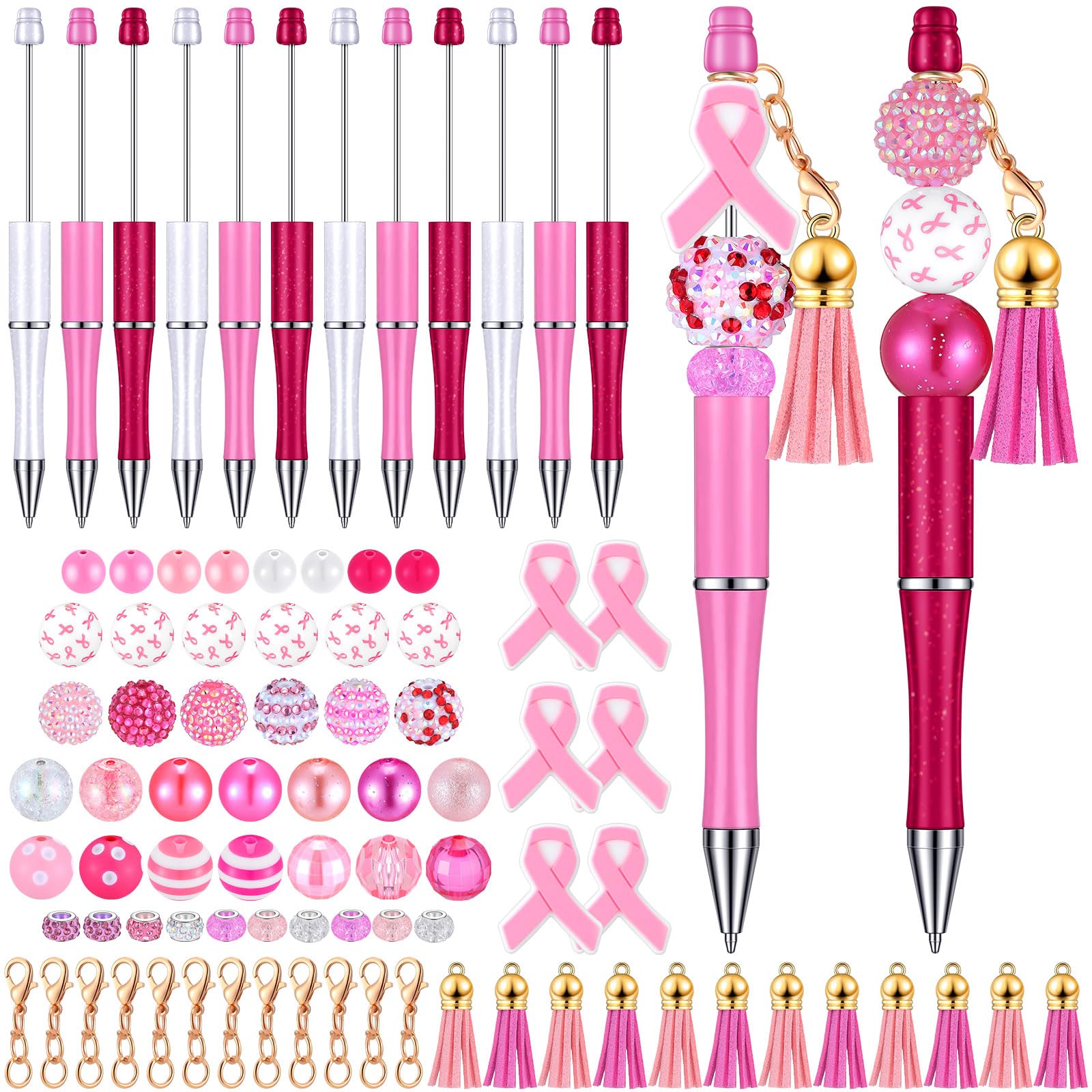 Tinlade 12 Beadable Pens Bulk with 50 Beads Multicolor DIY, Pretty Style