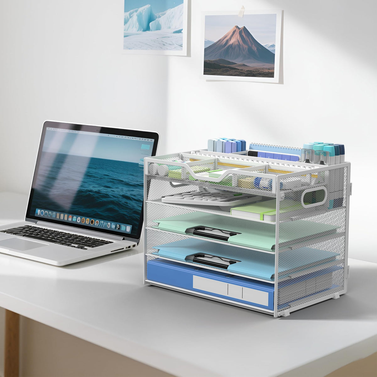 Docnest 5 Tier Mesh Desk Organizer with Removable Tray&Pen Holder, White