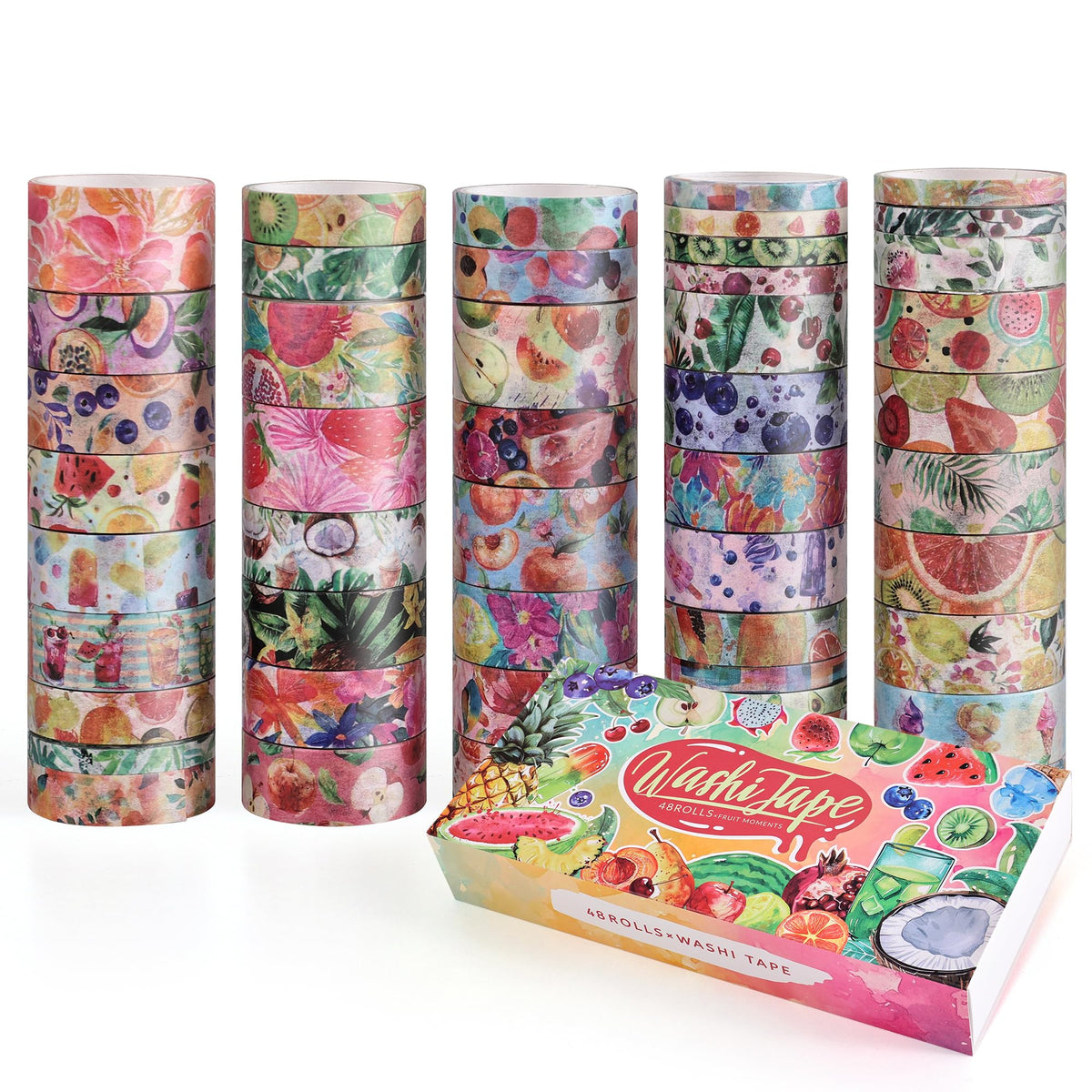 emmoolife 48 Rolls Washi Tape Set, Vibrant Watercolor Summer Fruit Decorative Tape for