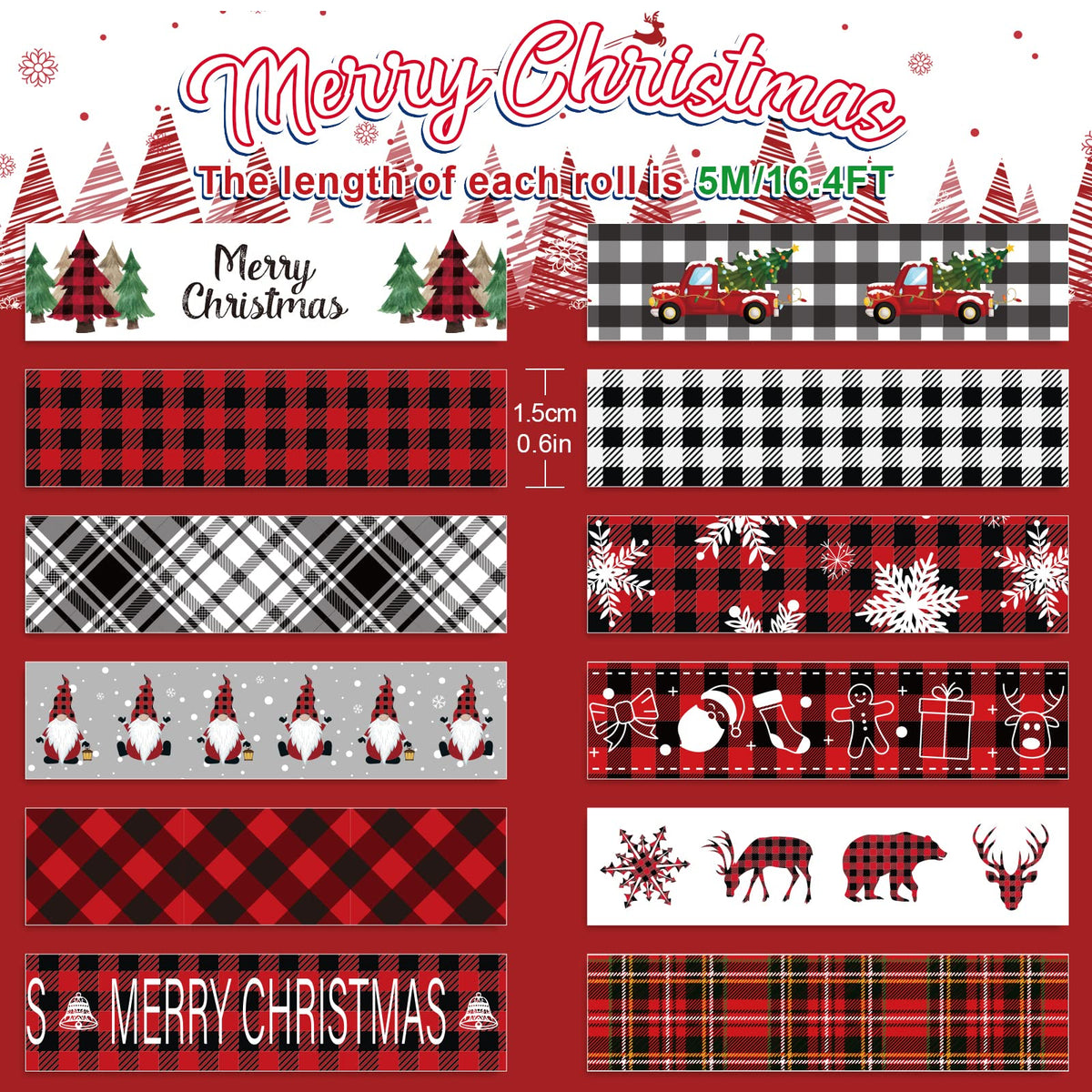 Whaline 12 Roll Christmas Washi Tape Plaids Xmas Tree Snowflake Gnome Truck Masking Tape 15mm Red