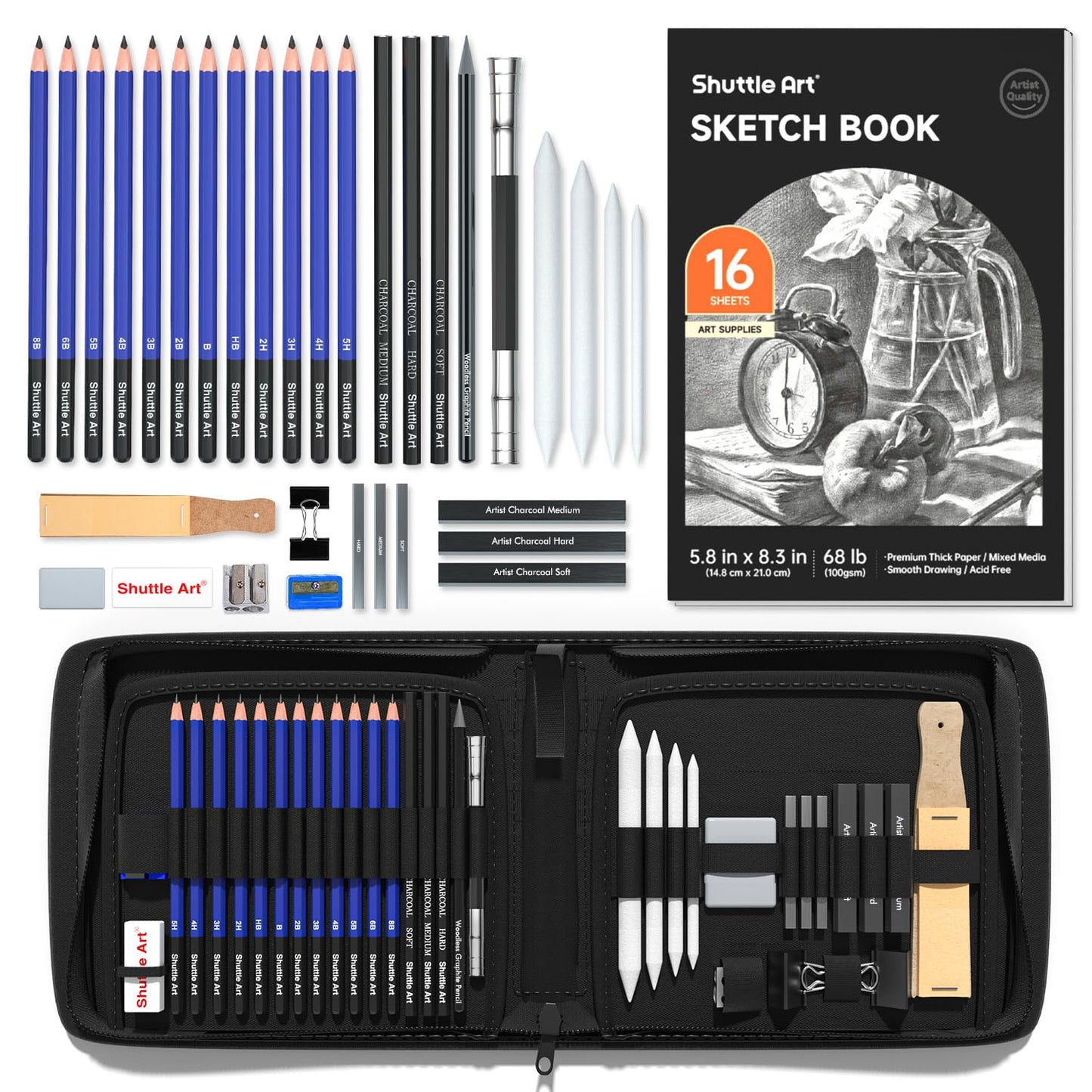 Shuttle Art Sketching and Drawing Pencils Set, 37-Piece Professional Sketch Pencils Set in Zipper
