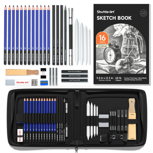 Shuttle Art Sketching and Drawing Pencils Set, 37-Piece Professional Sketch Pencils Set in Zipper