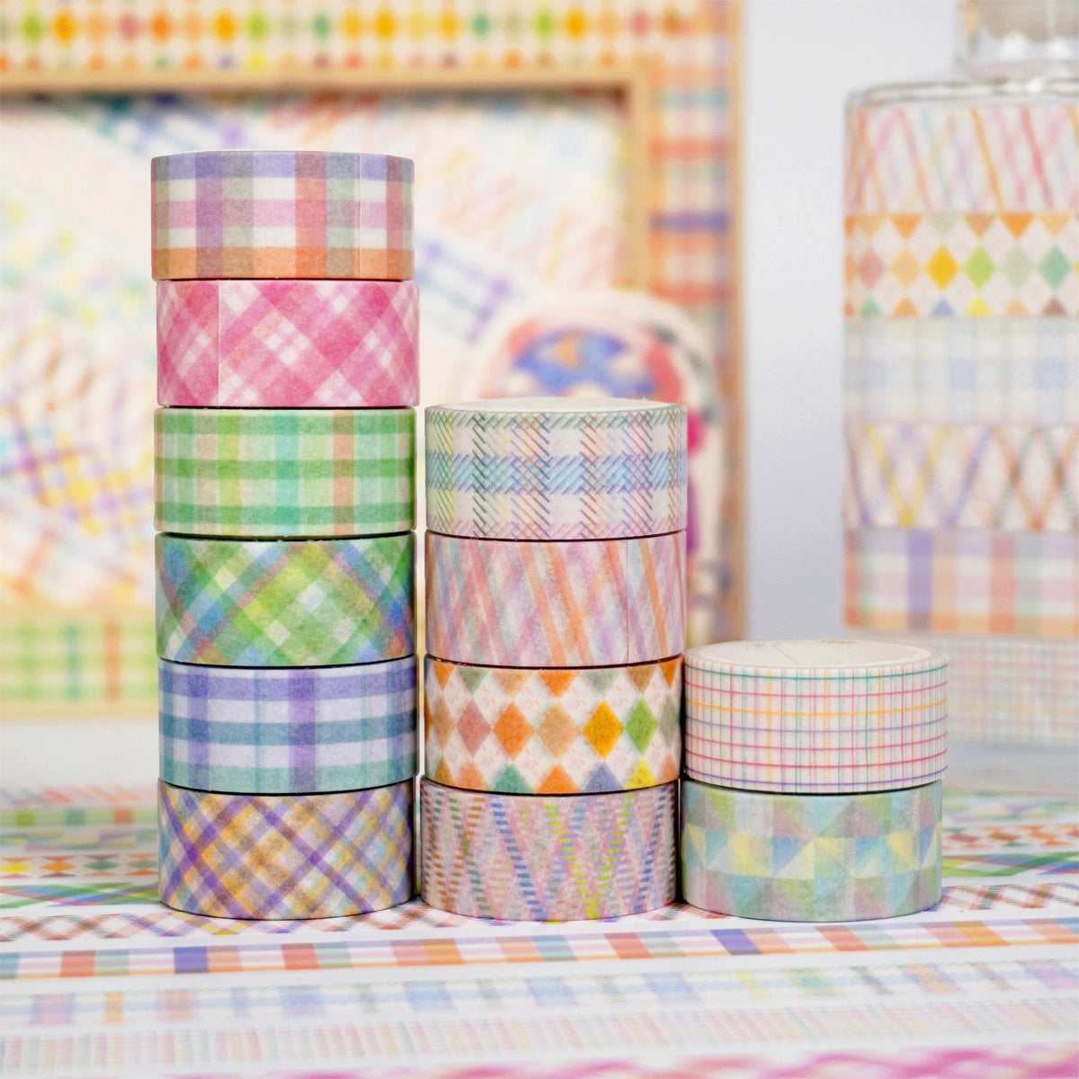 YUBX Basic Grid Washi Tape Set 12 Rolls Plaid Decorative Masking Tapes for Arts, DIY Crafts