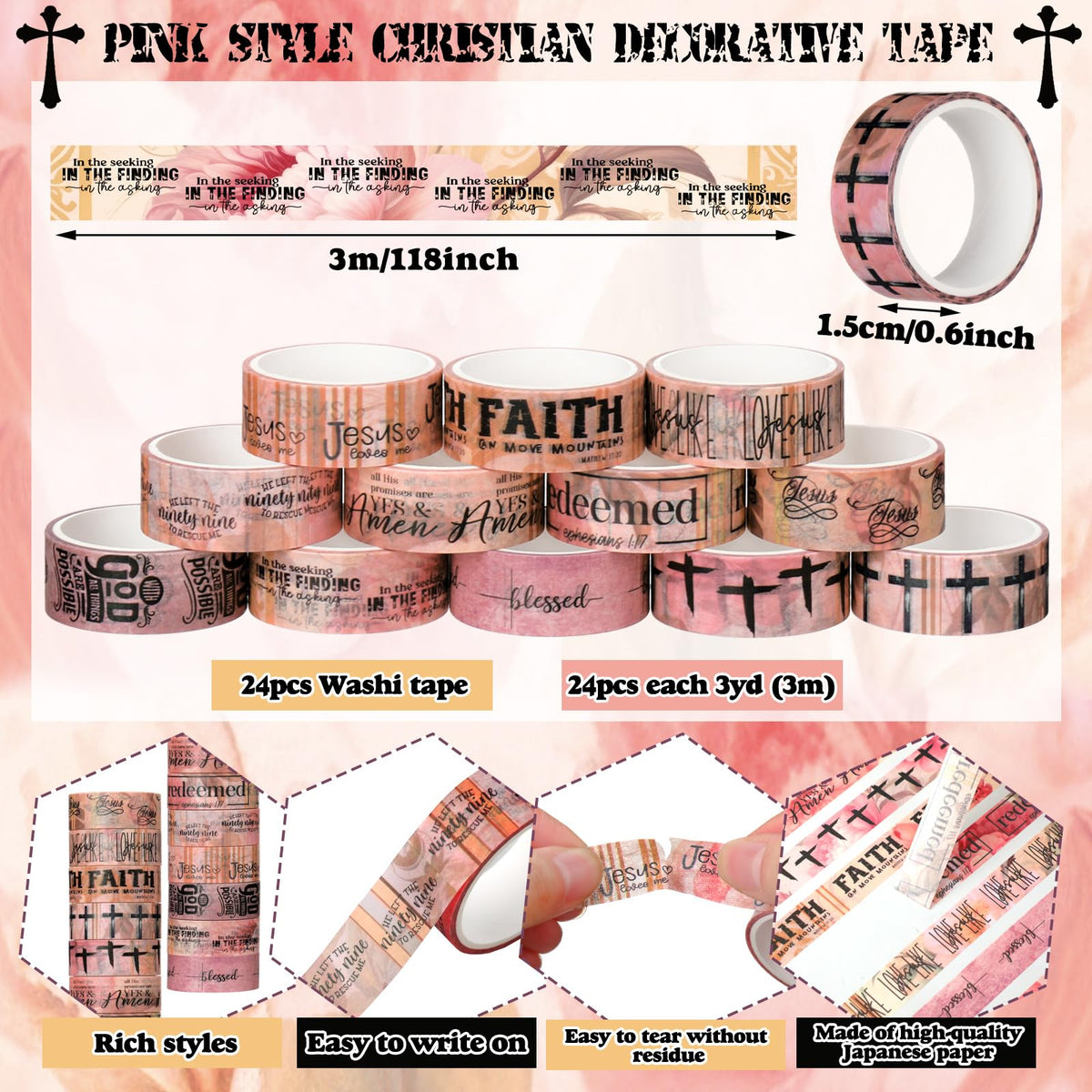 Janlaugh 24 Rolls Christian Washi Tape Gifts for Bible Journaling, Pink