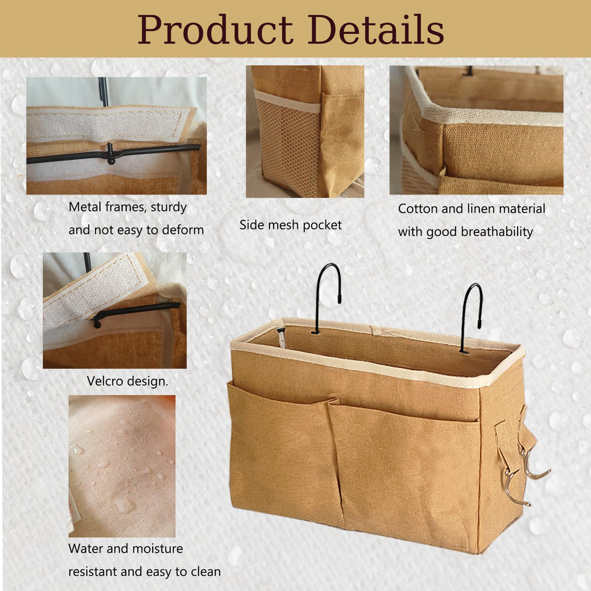 Bedside Caddy Organizer - Bedside Hanging Storage Bag with Hooks, Dorm Essentials Caddy for Bunk