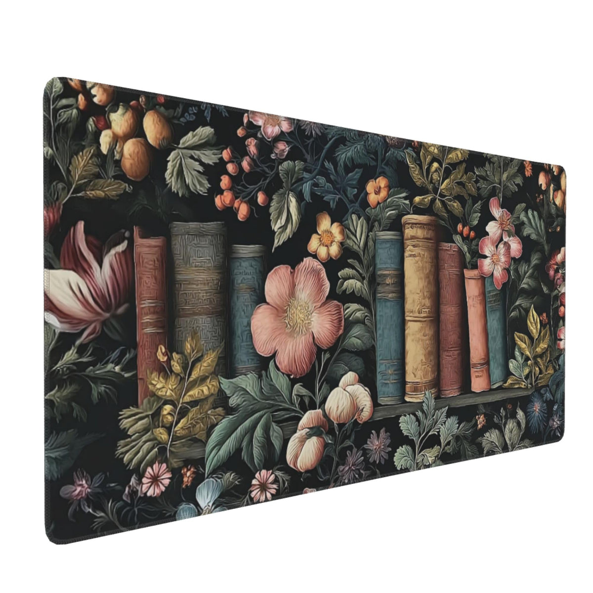 Dark Academia Desk Mat, Floral & Book Pattern XXL Mouse Pad with Anti-Slip Base & Stitched Edges