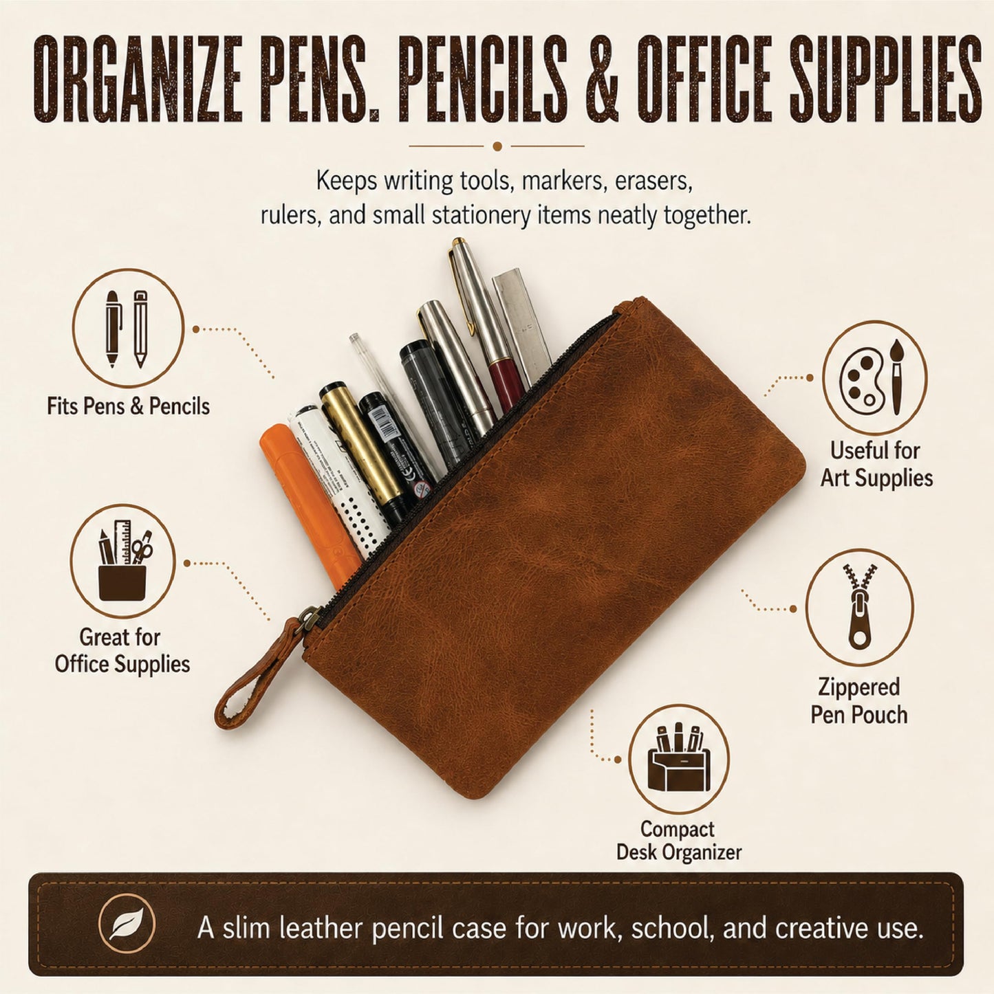 TheAntiq Leather Pencil Pouch Money Bag, Tan