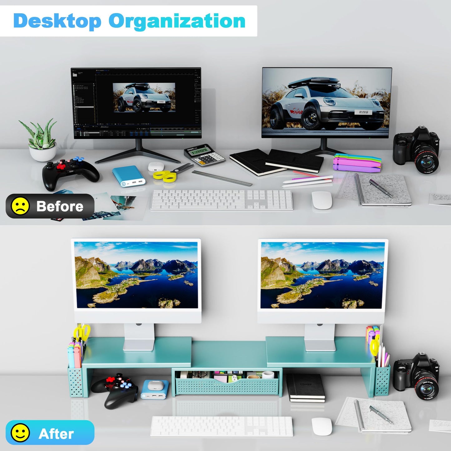 Spacrea Dual Monitor Stand Riser with Drawer and 2 Pen Holders