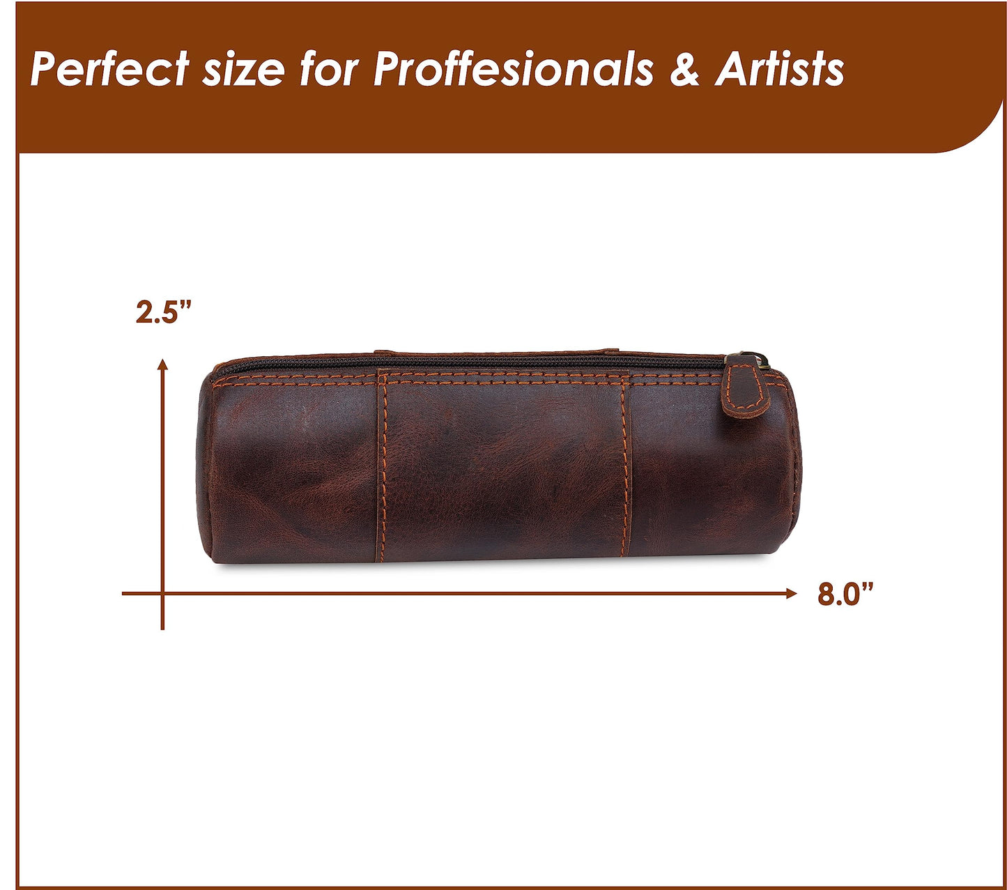TheAntiq Brown Leather Pencil Case, Make-up Pouch, Leather Zipper Pouch
