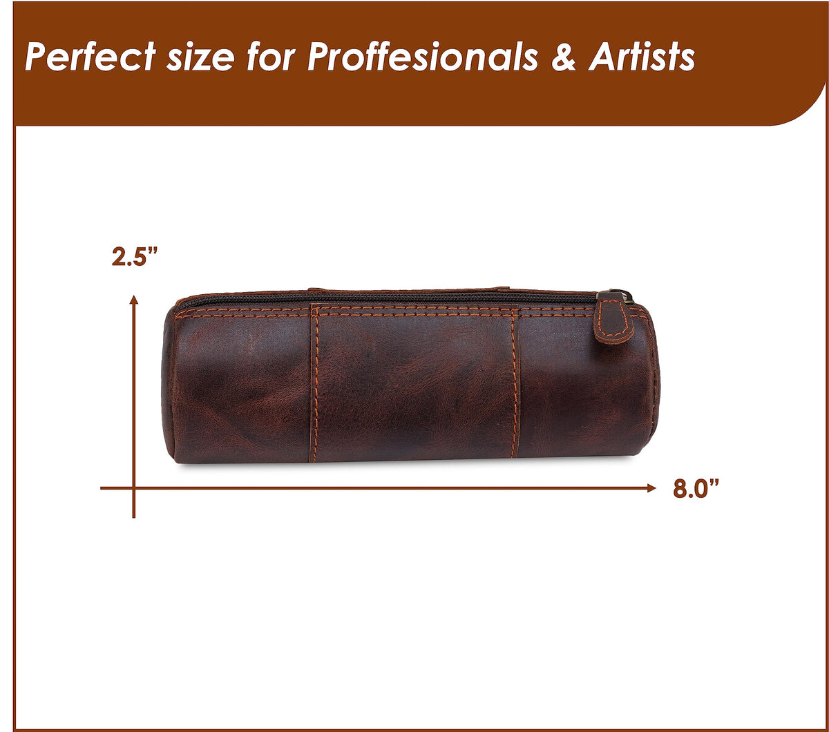 TheAntiq Brown Leather Pencil Case, Make-up Pouch, Leather Zipper Pouch