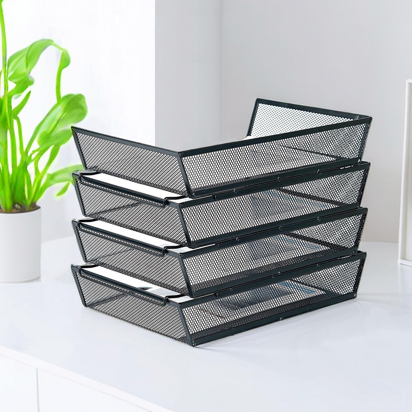 SETTFRFE 4 Tier Metal Letter Tray Desk Organizer-Stackable Paper Tray,Black