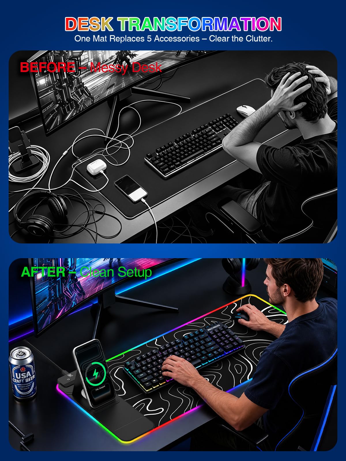 RGB Mouse Pad with Foldable Phone Stand Wireless Charger, 31.5"x11.8" XL Gaming Mousepad Large Desk
