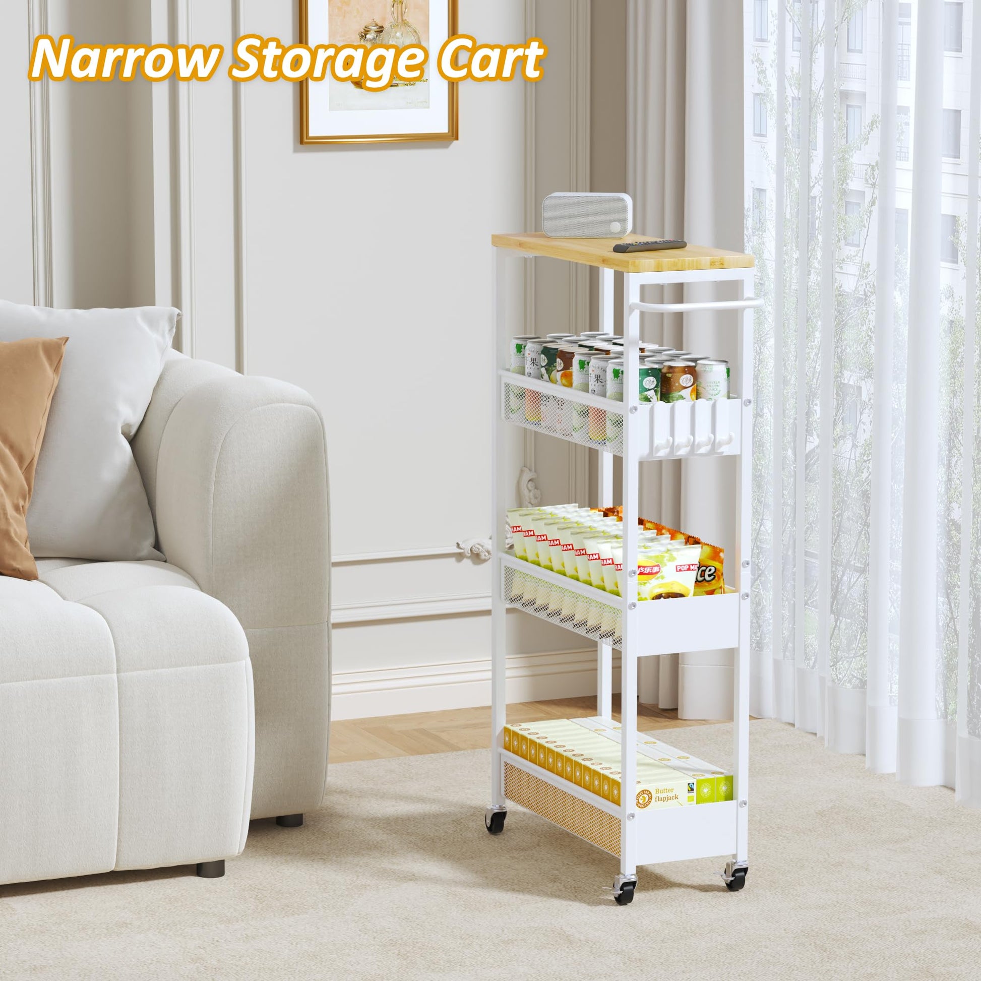7.1" Wide Slim Storage Cart on Wheels, 4 Tier Metal Narrow Rolling Cart with Handle and Wood Top