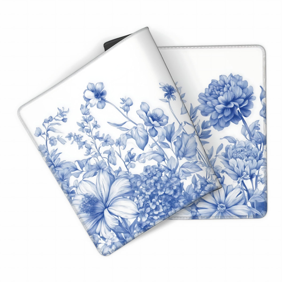 Floral Aesthetic Lotus Gaming Mouse Pad, White Blue Chinoiserie Desk Mat with Anti-Slip Base &