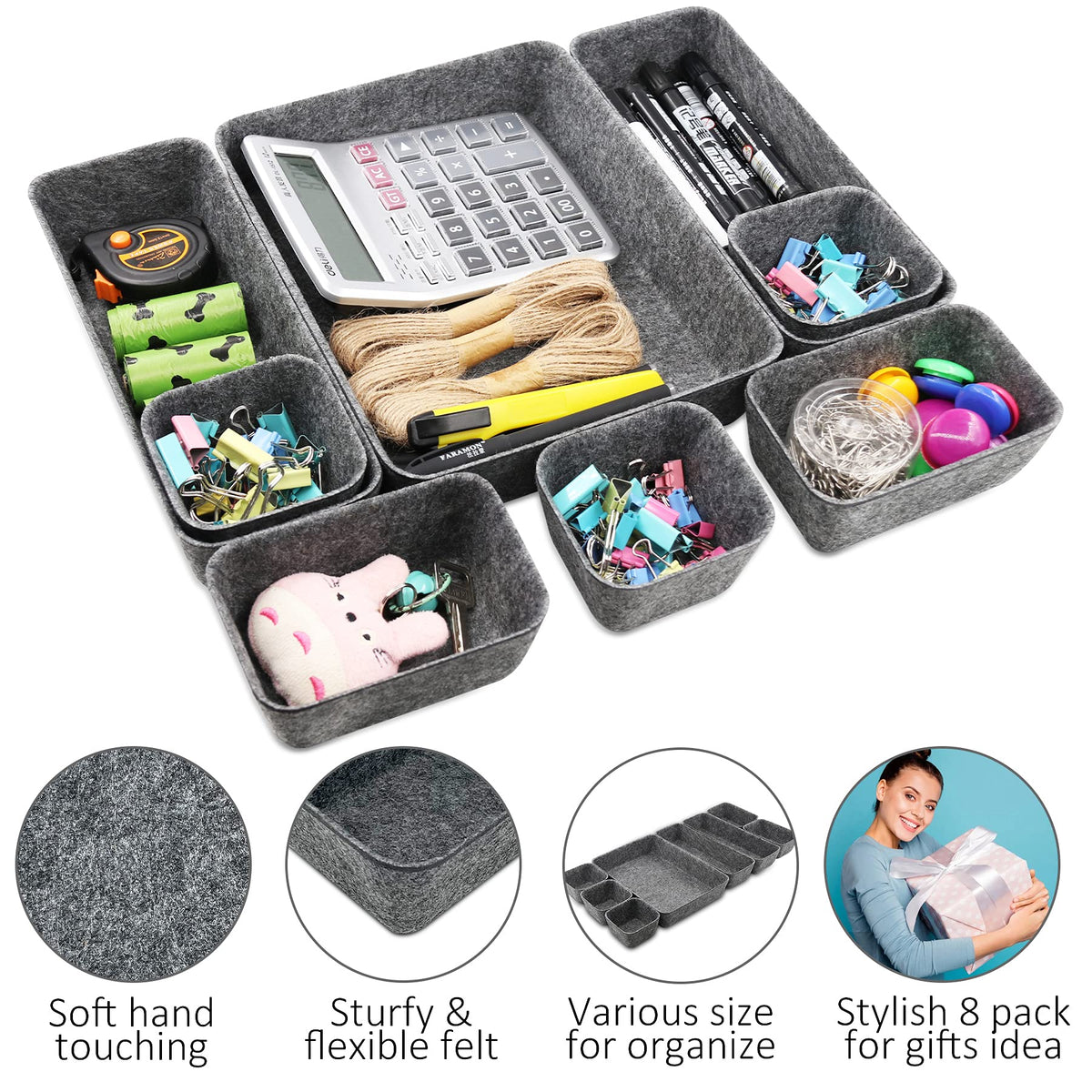 Newthinking Desk Drawer Organiser Trays, 8 Pack Square Organizer Box Stackable Dividers, Save Desk