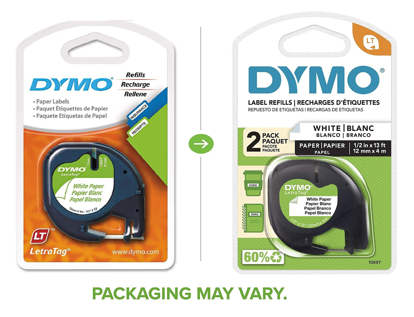 Dymo 10697 Self-Adhesive White Paper Labeling Tape for LetraTag, 2 Blister Packs (4 Refills), Black