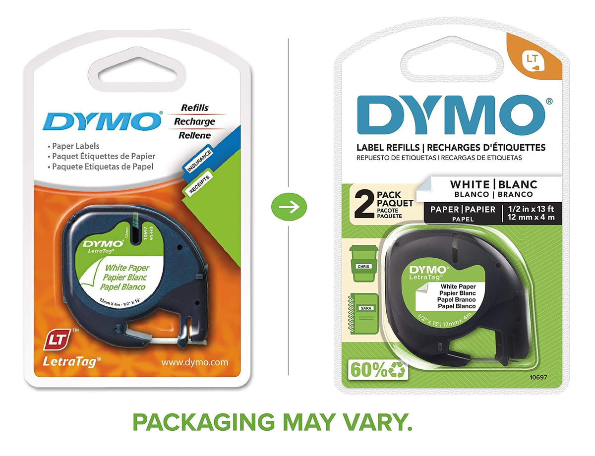 Dymo 10697 Self-Adhesive White Paper Labeling Tape for LetraTag, 2 Blister Packs (4 Refills), Black