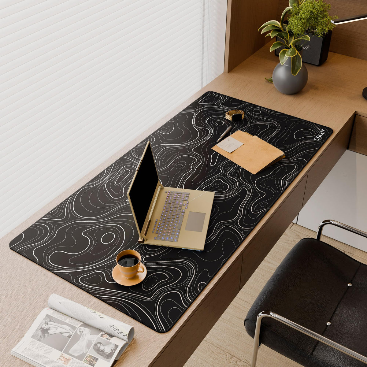 Cacoy 48" x 24" Black Topographic Gaming Mouse Pad, Non-Slip Large Desk Mat