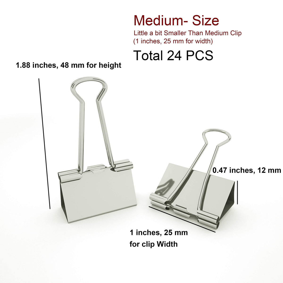 Nctinystore Binder Clips Little a bit Smaller Than Medium Clips Metal Clamp 1-in / 25-mm (Silver