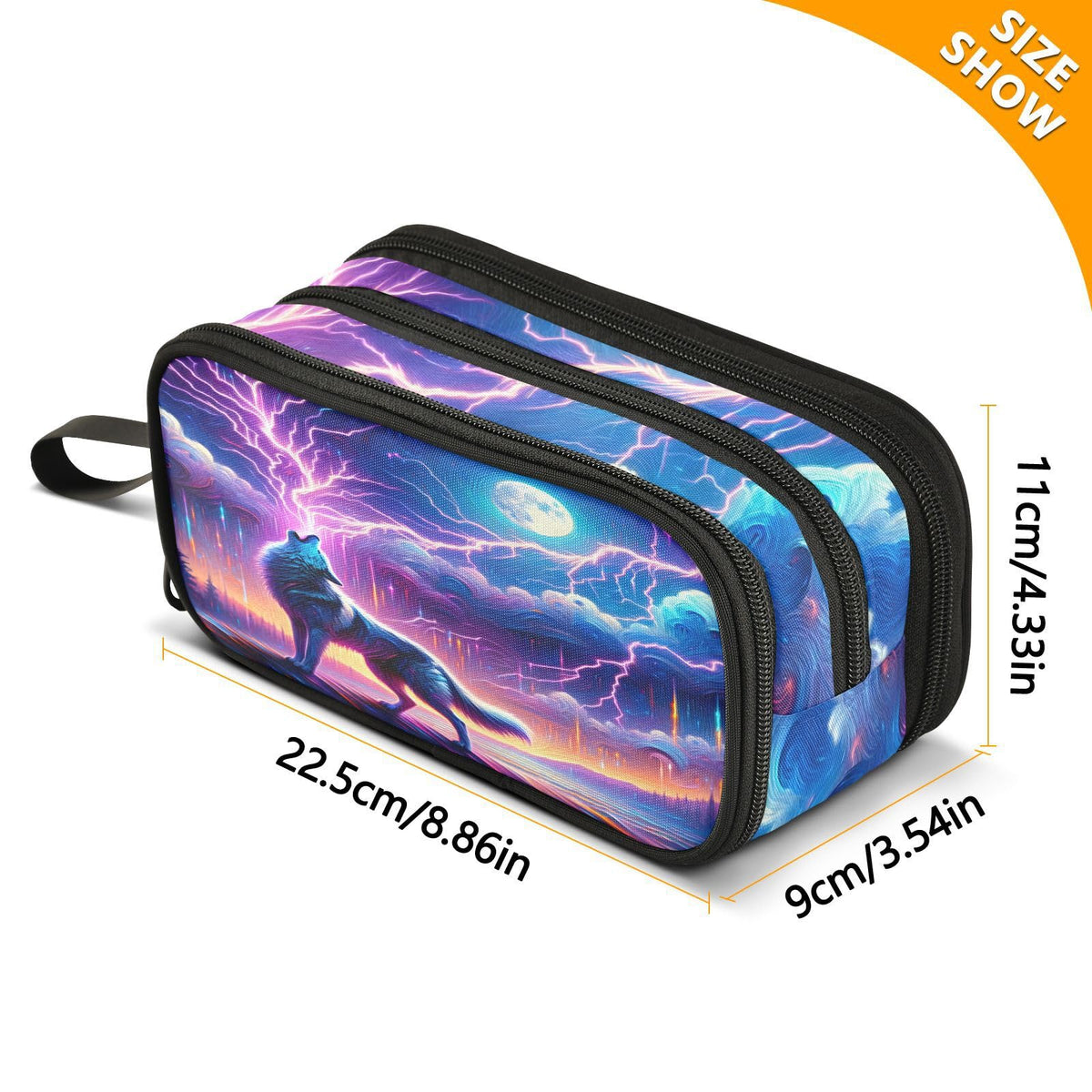 Wolf Howling Moon Lightning Pencil Case Box Boys Girls Large Pencil Pouch with Zipper Compartments