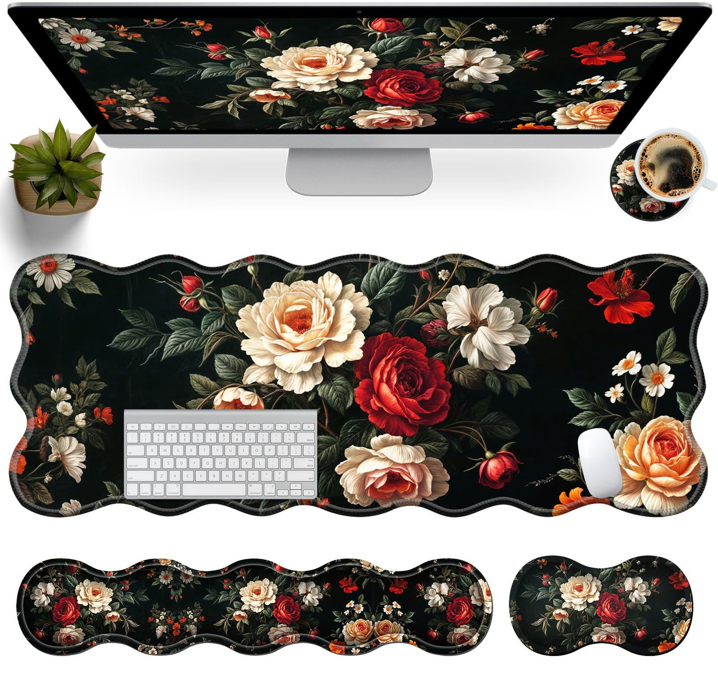 Office Mouse Pad Set with Wrist Support, Large 31.5"x11.8" Desk Mat, Ergonomic Memory Foam Keyboard