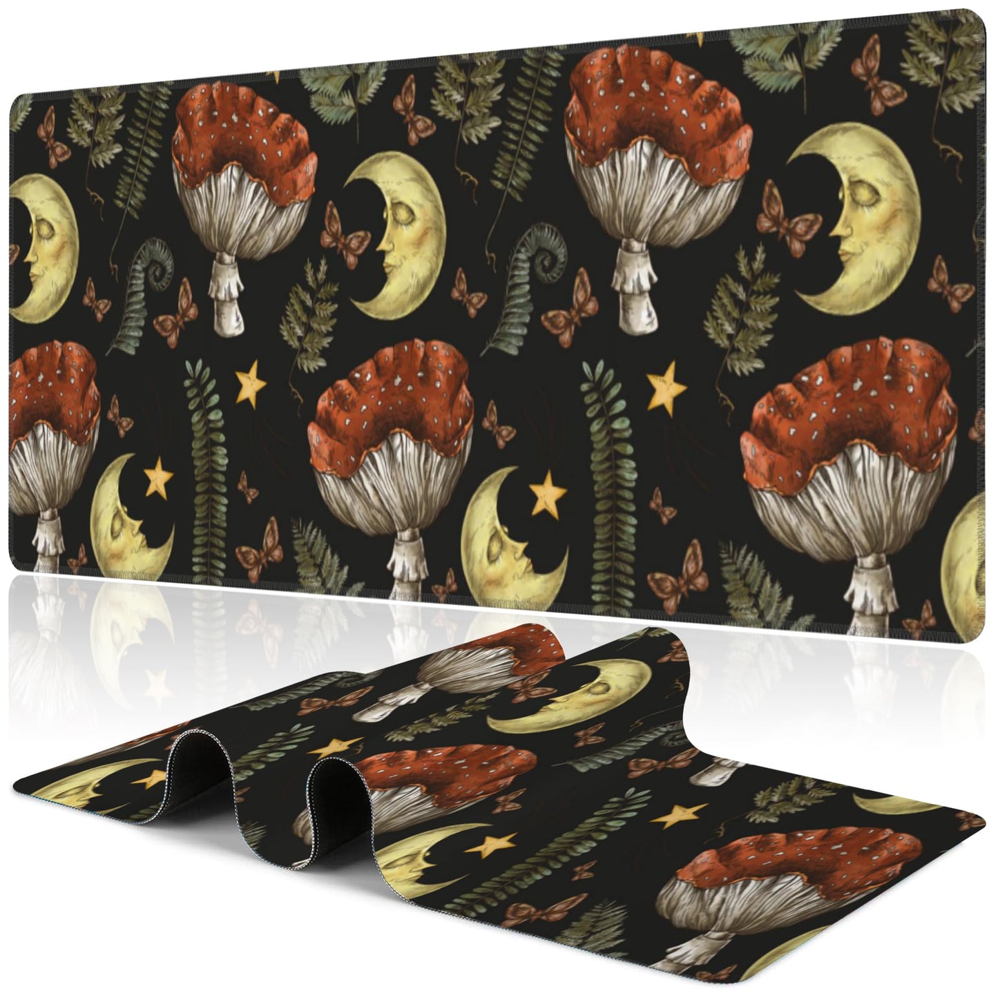 Vintage Magic Forest Desk Mat,Large Moon Amanita Mushroom and Forest Botanical Gaming Keyboard