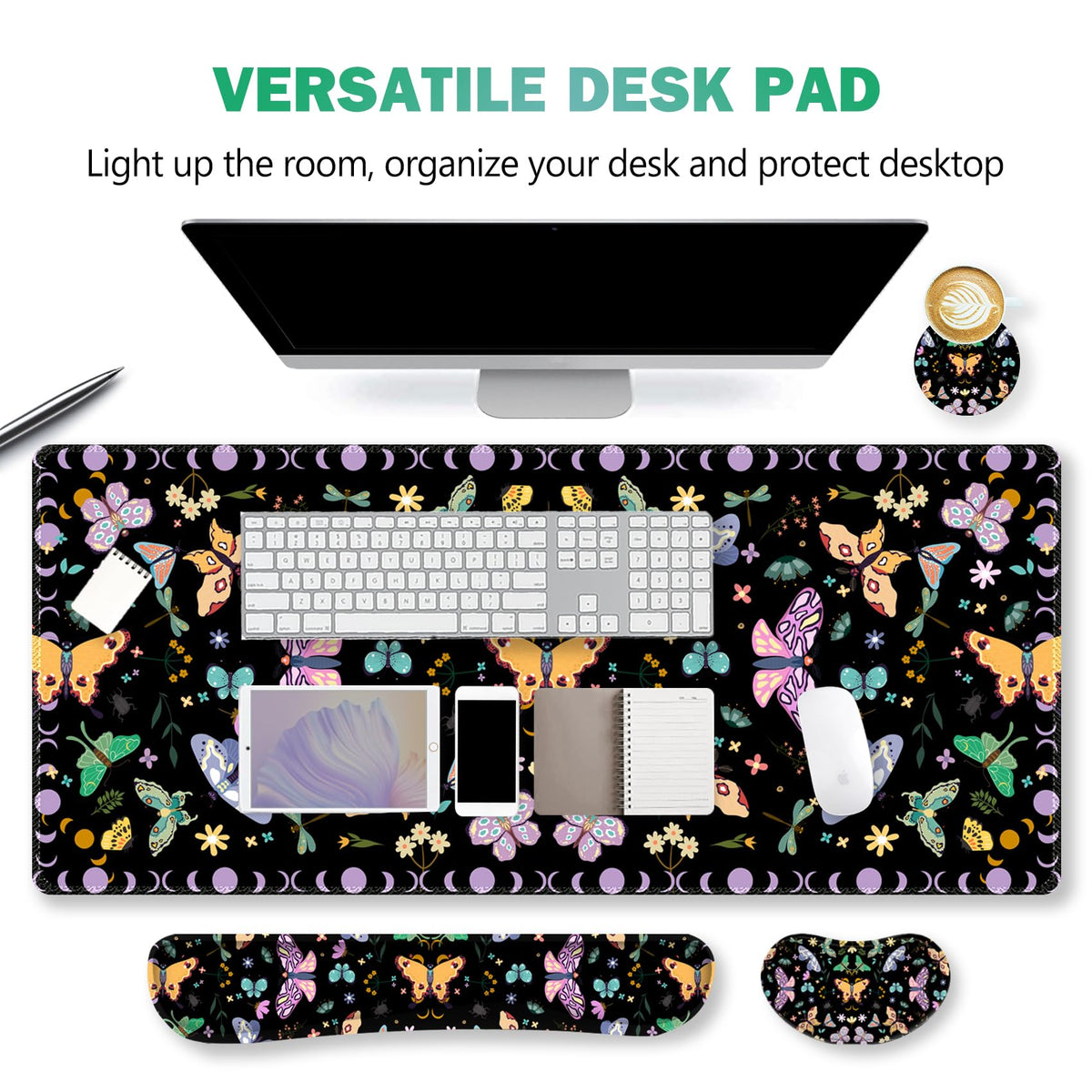 ARTSO Desk Mat Set, Black Butterfly Extended Gaming Mouse Pad with Wrist Rest Support +Keyboard
