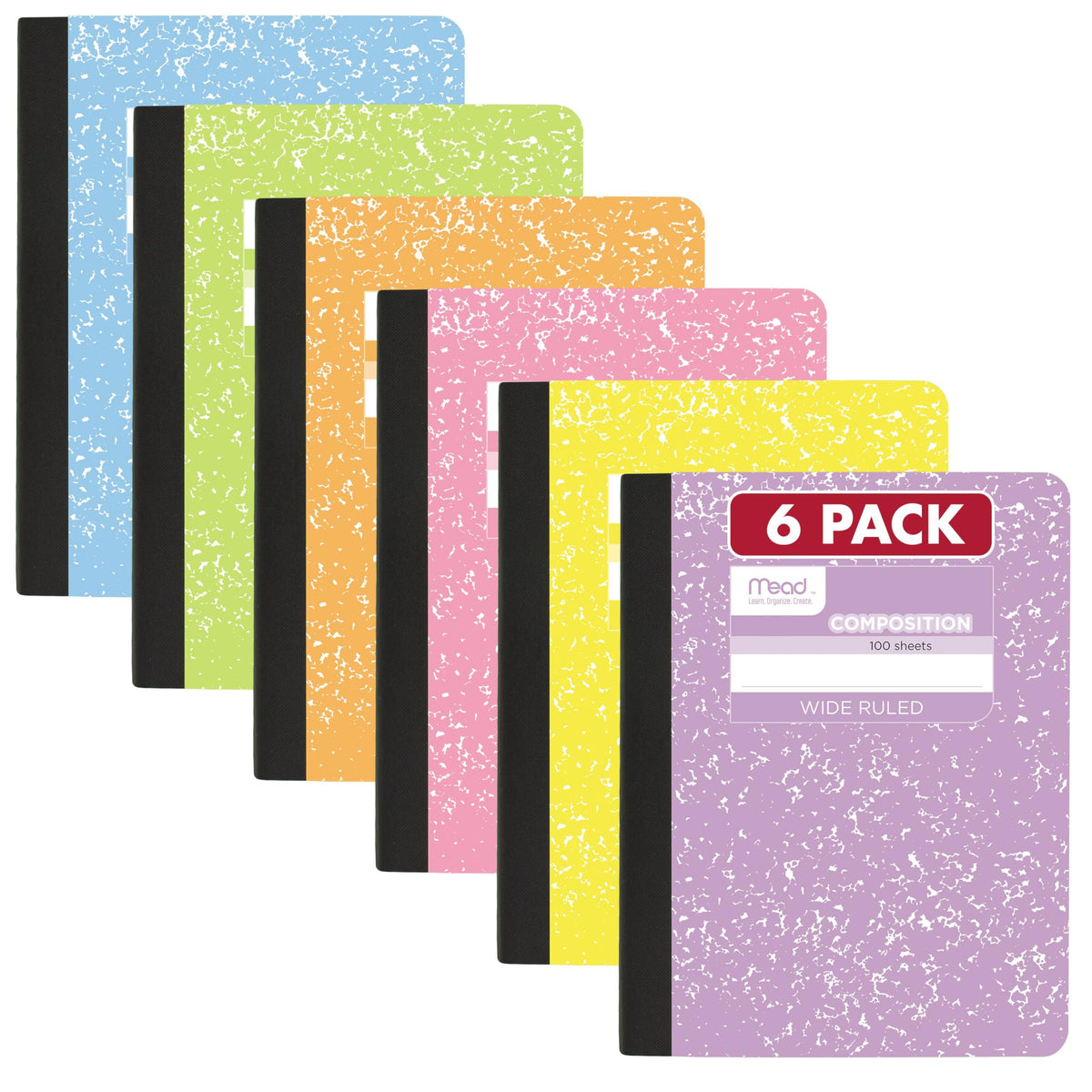 Mead Composition Notebook, Wide Ruled 7.5" x 9.75" Paper, 100 Sheets, Assorted Pastel Colors, 6