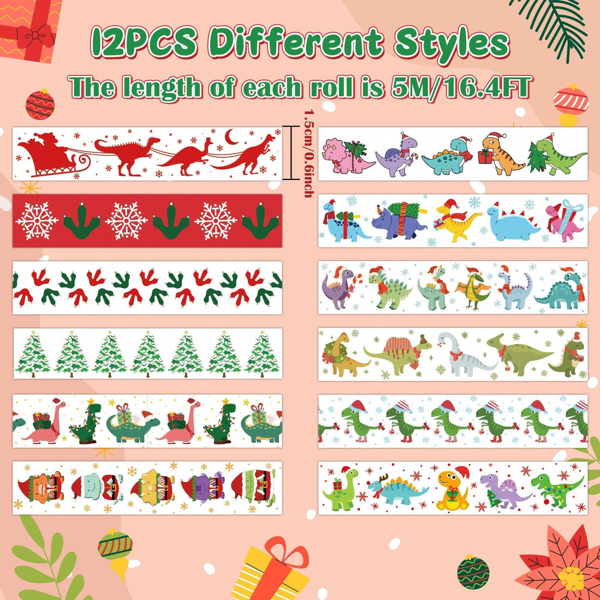 BkeeCten Christmas Dinosaur Washi Tape - 12 Rolls Dinosaur Footprints Christmas Trees Designs, Free