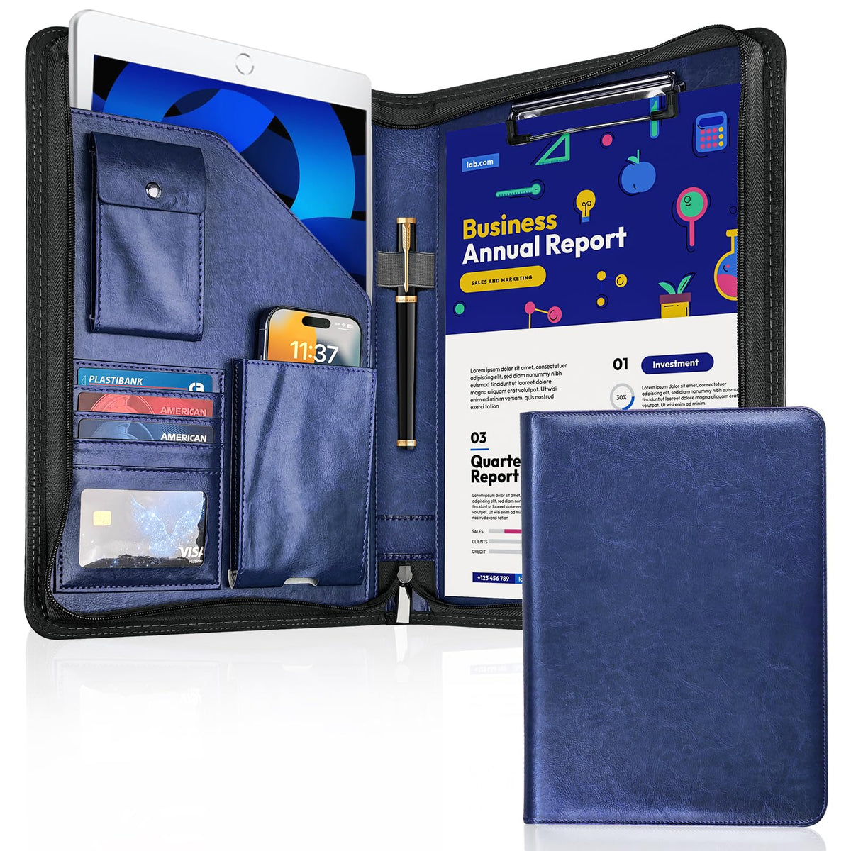 WRIYES Zippered Padfolio Organizer, Blue, 10.2 Inch Portfolio Folder