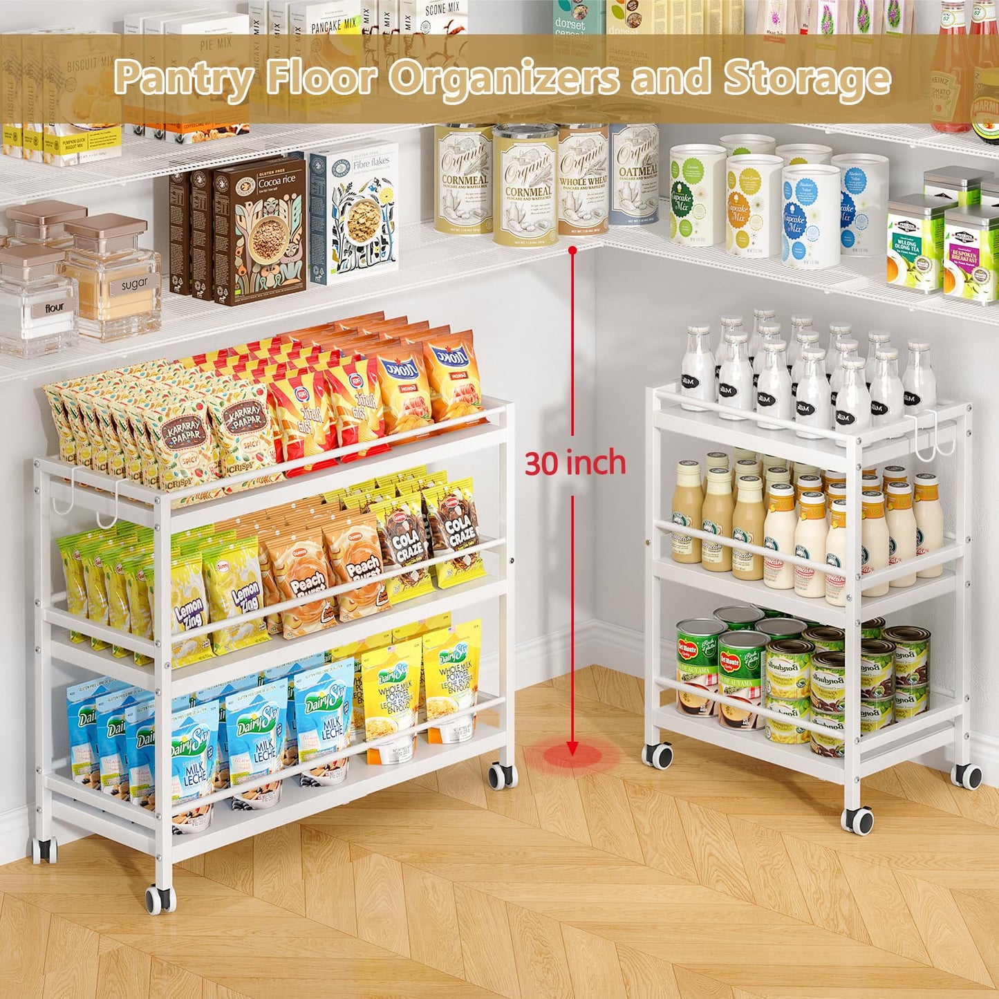 3-Tier Expandable Rolling Pantry Organizers and Storage Cart with Wheels, Adjustable Pantry Floor
