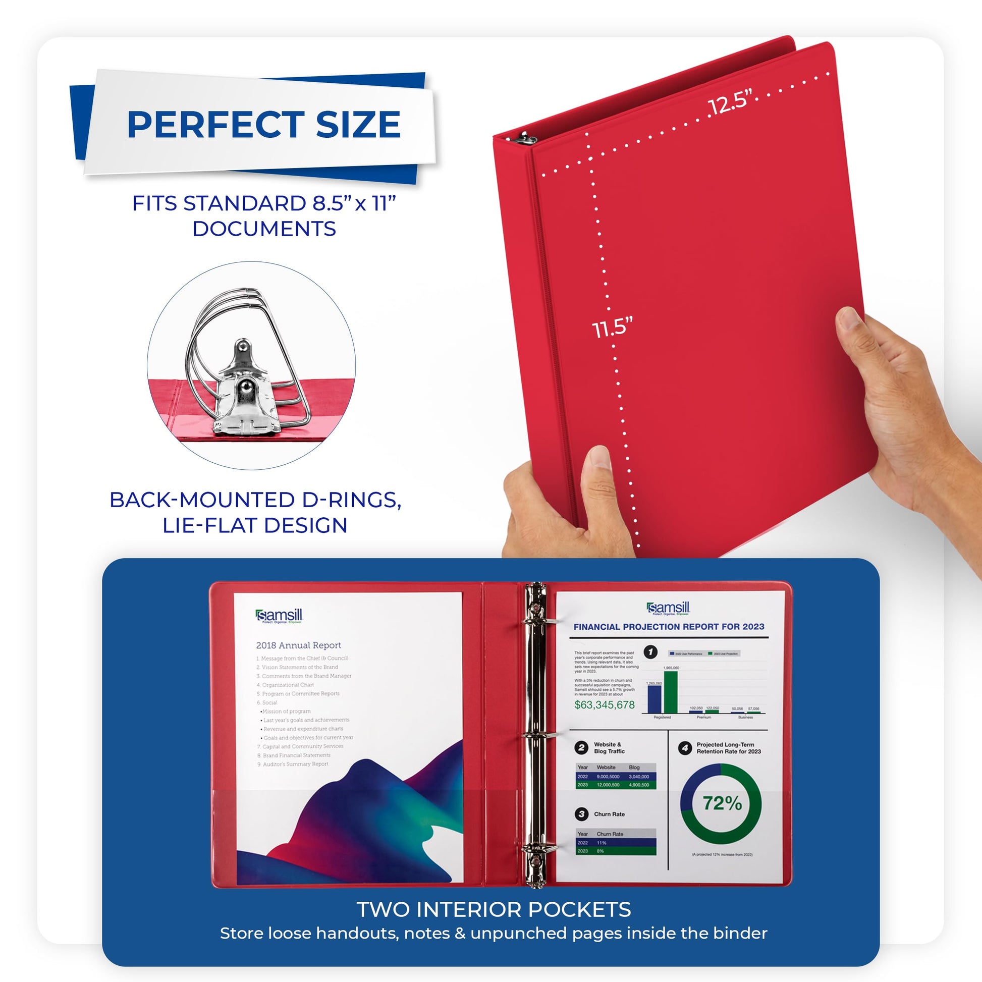 Samsill Durable 1 inch 3 Ring Binder, D Ring Binder, 100% Recycled Chipboard, Red, 12 Pack