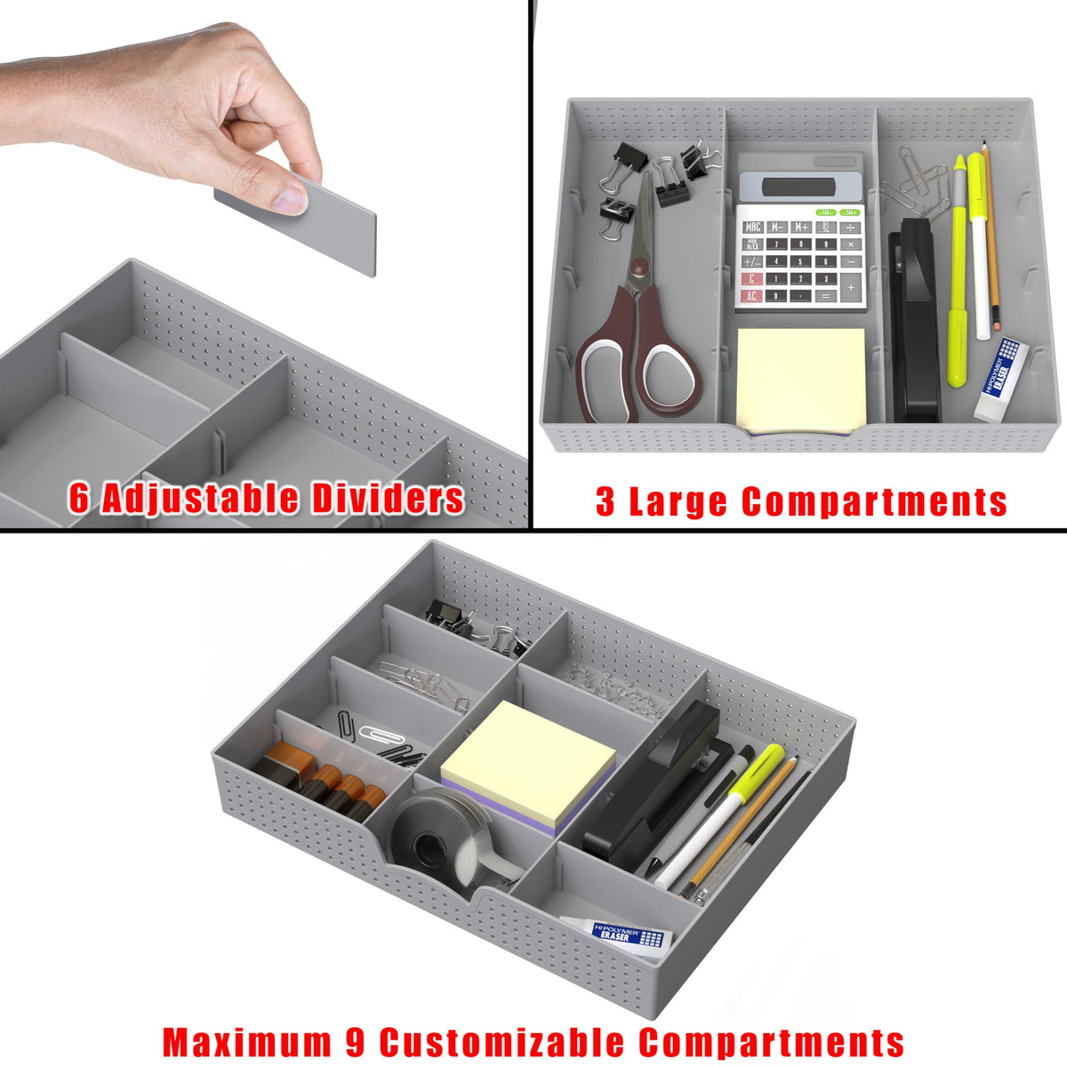 Simple Houseware Drawer Organizer Tray, 9 Adjustable Compartments, Gray