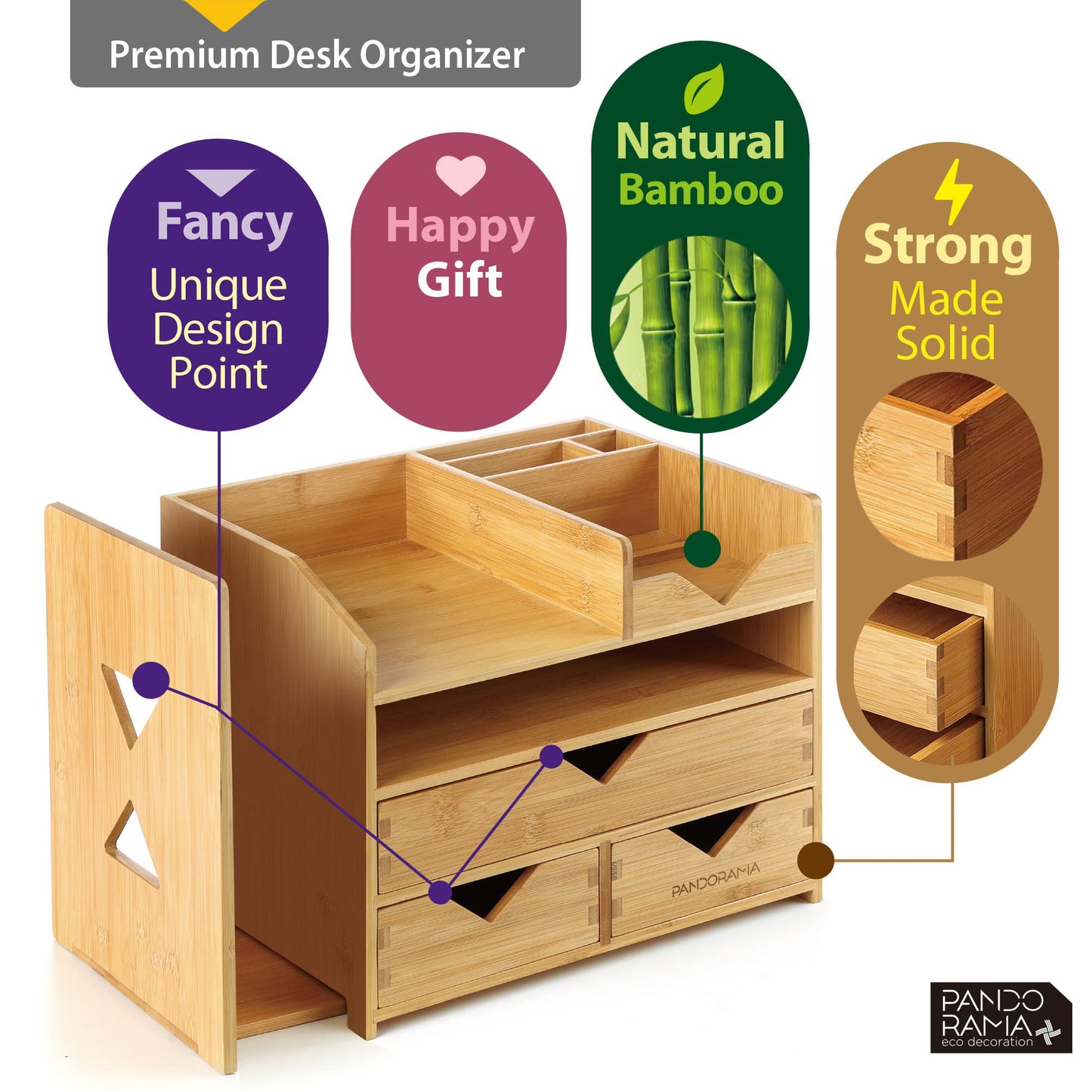 Pandorama Bamboo Desk Organizer Large - A4 Drawers & Adjustable File Holder, Fully Assembled Wood