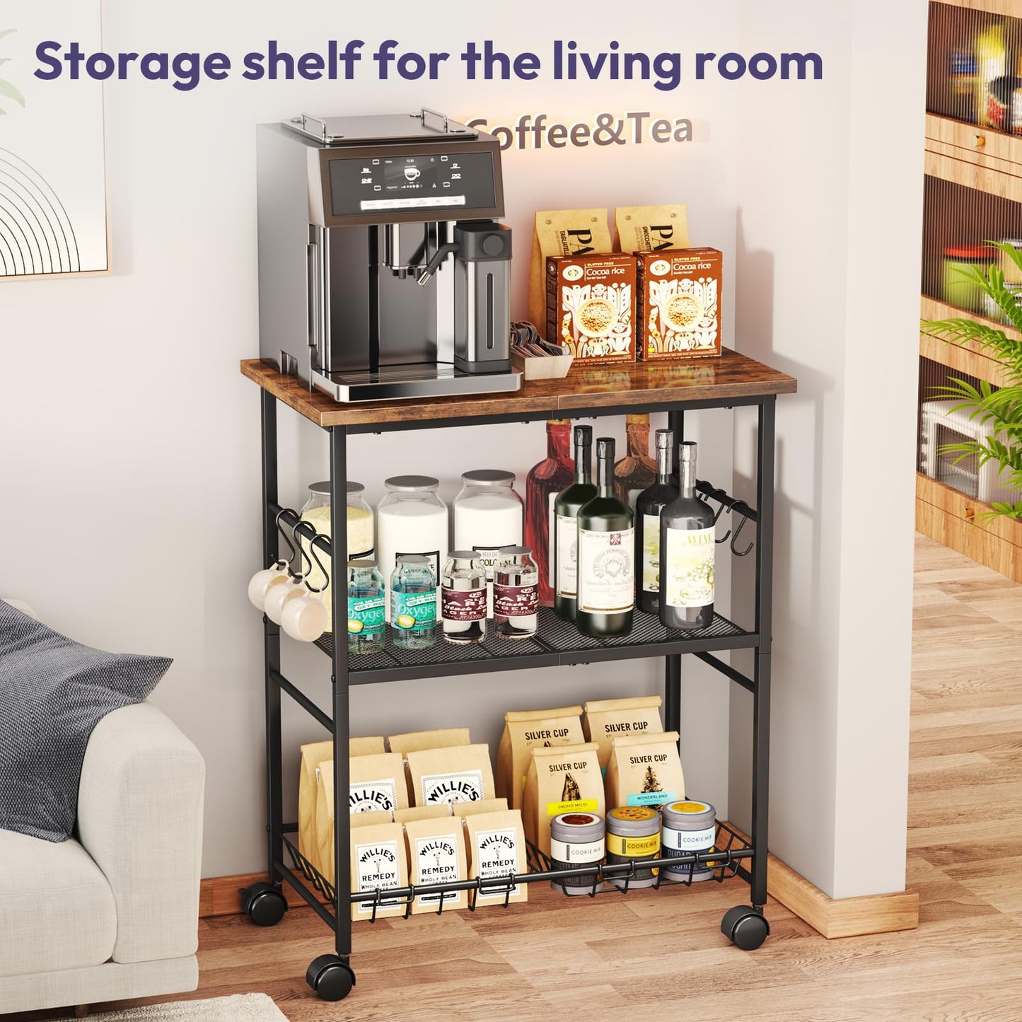 SWTYMIKI Rolling Kitchen Microwave Cart - 3 Tier Microwave Table Stand with Storage Basket and
