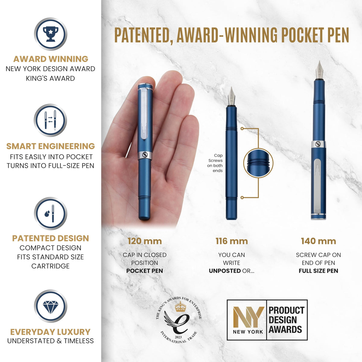 Scriveiner Luxury EDC Fountain Pen (Medium), Stunning Matt Blue Pocket Pen, Chrome Finish, Schmidt